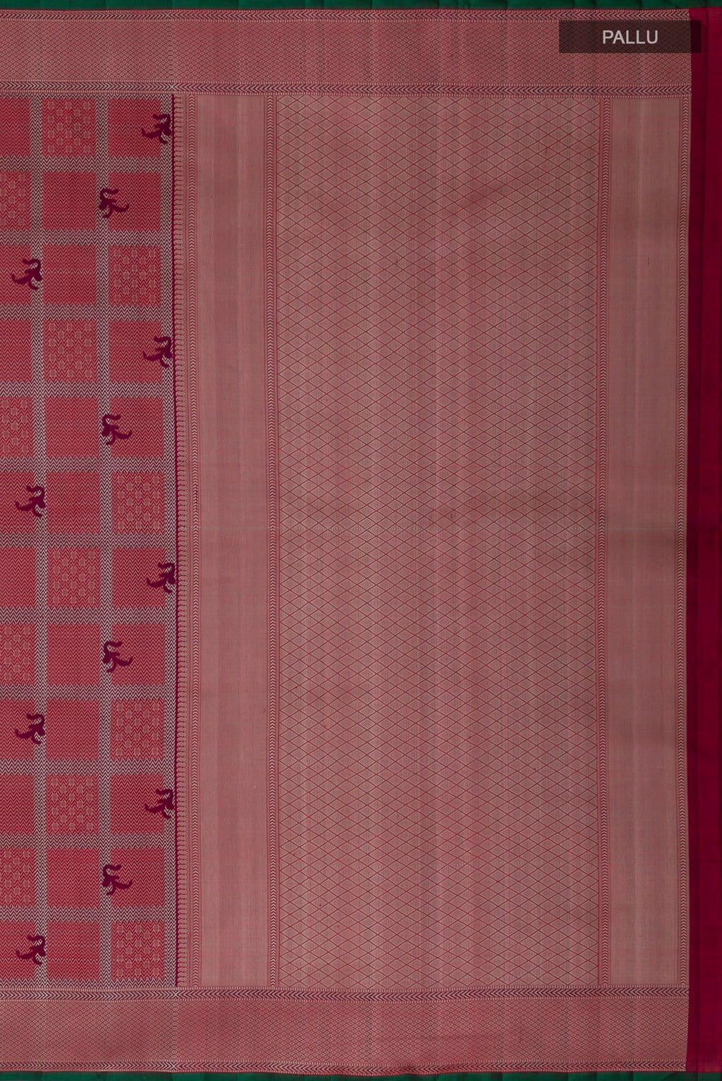 Close up image of the pallu of Maroon Kanchipuram Silk Saree with Jacquard design on the body and Thread Border. 