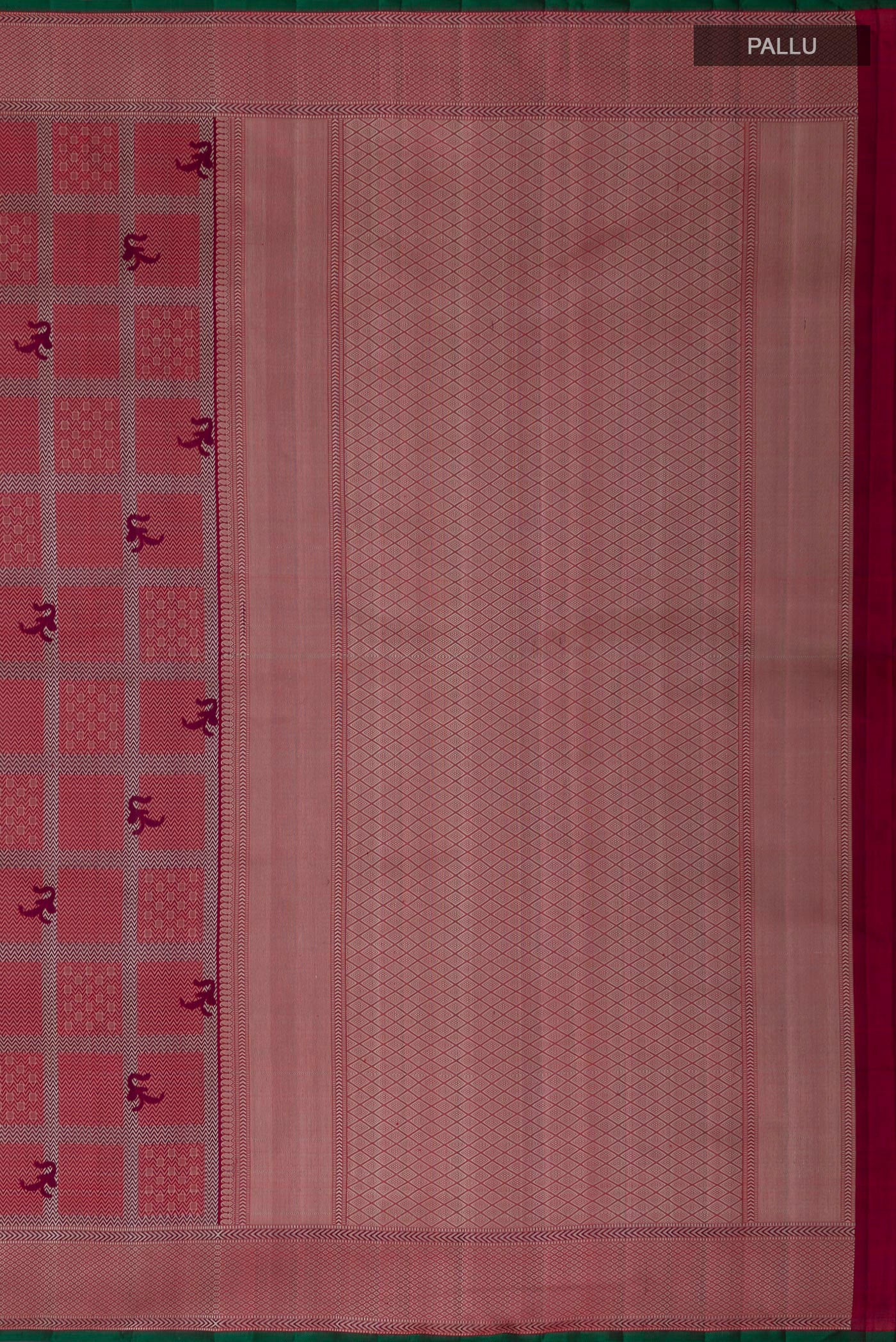 Close up image of the pallu of Maroon Kanchipuram Silk Saree with Jacquard design on the body and Thread Border. 
