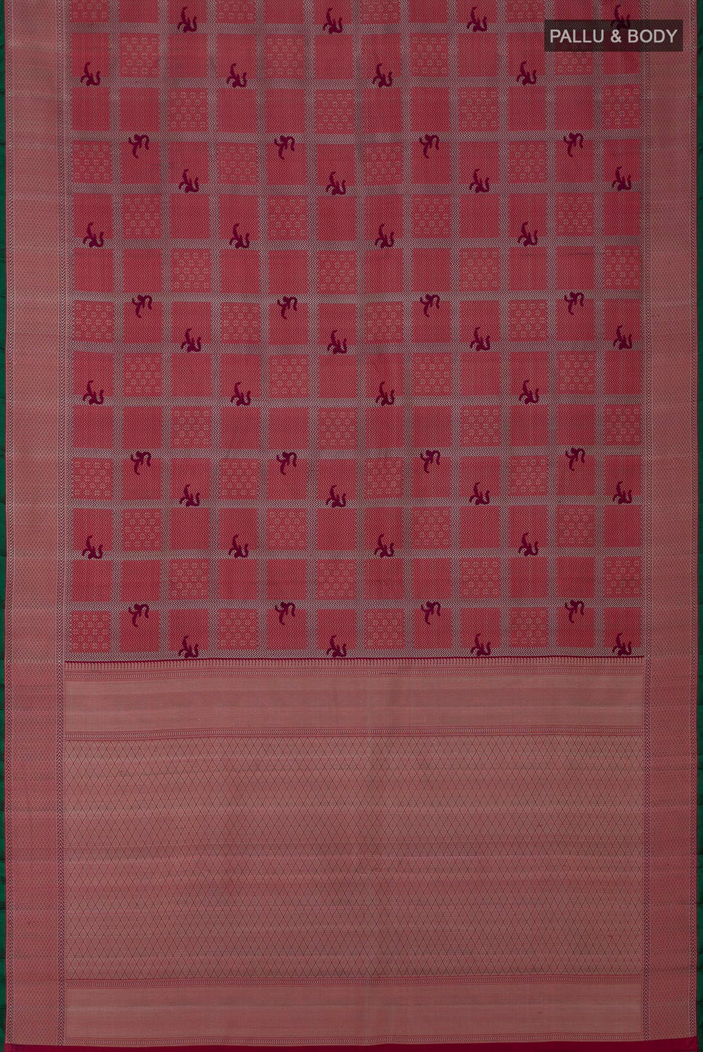 Flat view of Maroon Kanchipuram Silk Saree with Jacquard design on the body and Thread Border. 