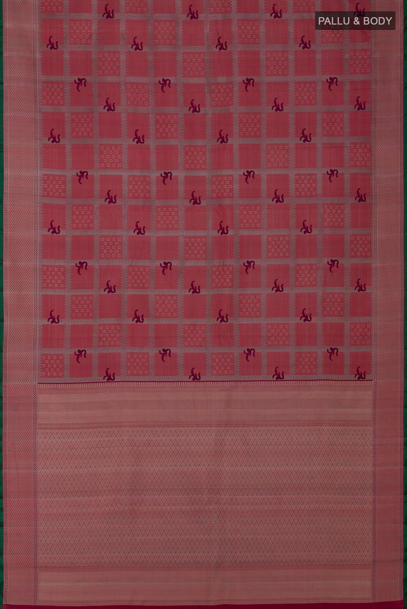Flat view of Maroon Kanchipuram Silk Saree with Jacquard design on the body and Thread Border. 