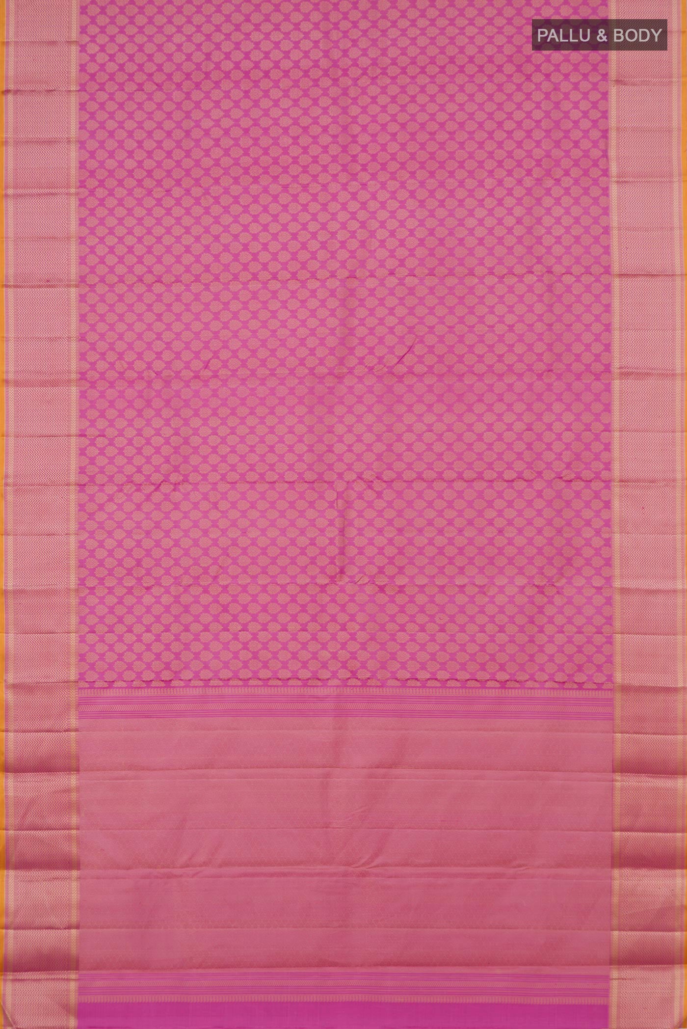 Flat view of Lavender Kanchipuram Silk Saree with Jacquard design on the body and Thread Border. 