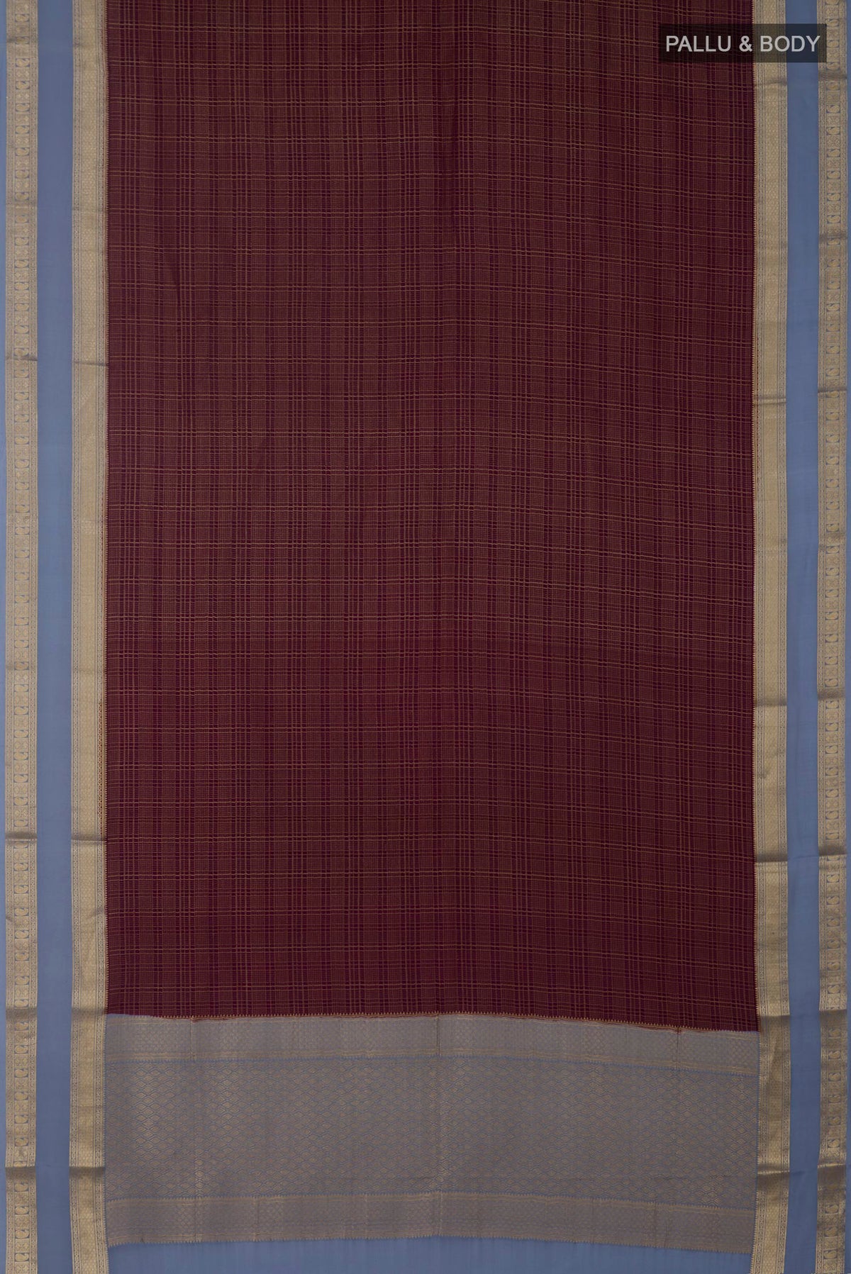 Flat view of Burgundy Mysore Crepe Saree with Checked design on the body and Zari Border. 