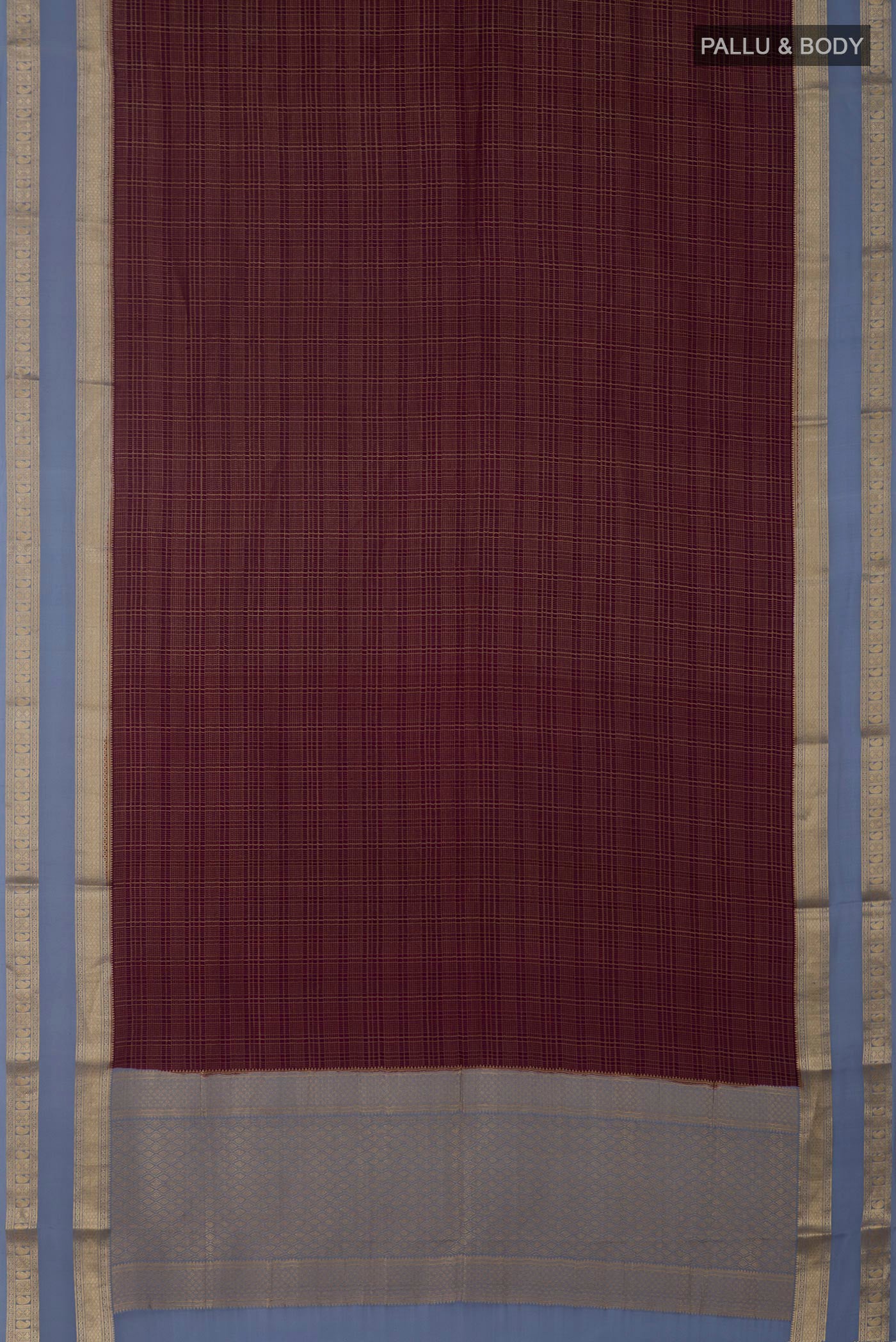 Flat view of Burgundy Mysore Crepe Saree with Checked design on the body and Zari Border. 