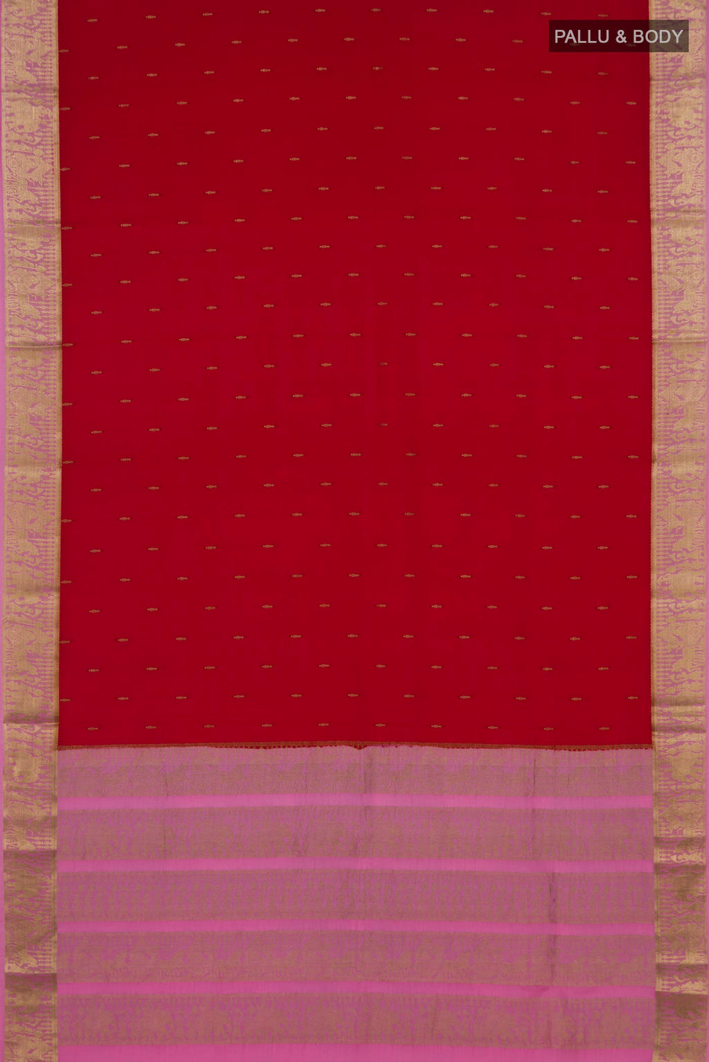 Flat view of Red Mysore Crepe Saree with Zari Butta on the body and Zari Border. 