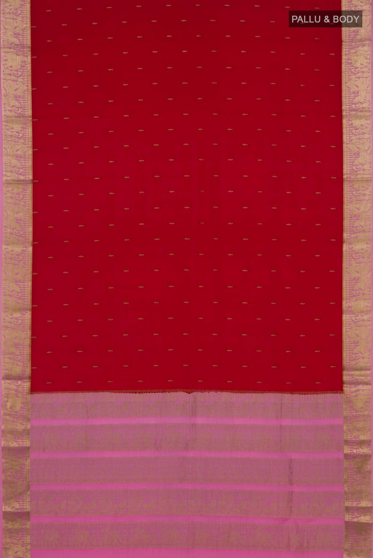 Flat view of Red Mysore Crepe Saree with Zari Butta on the body and Zari Border. 