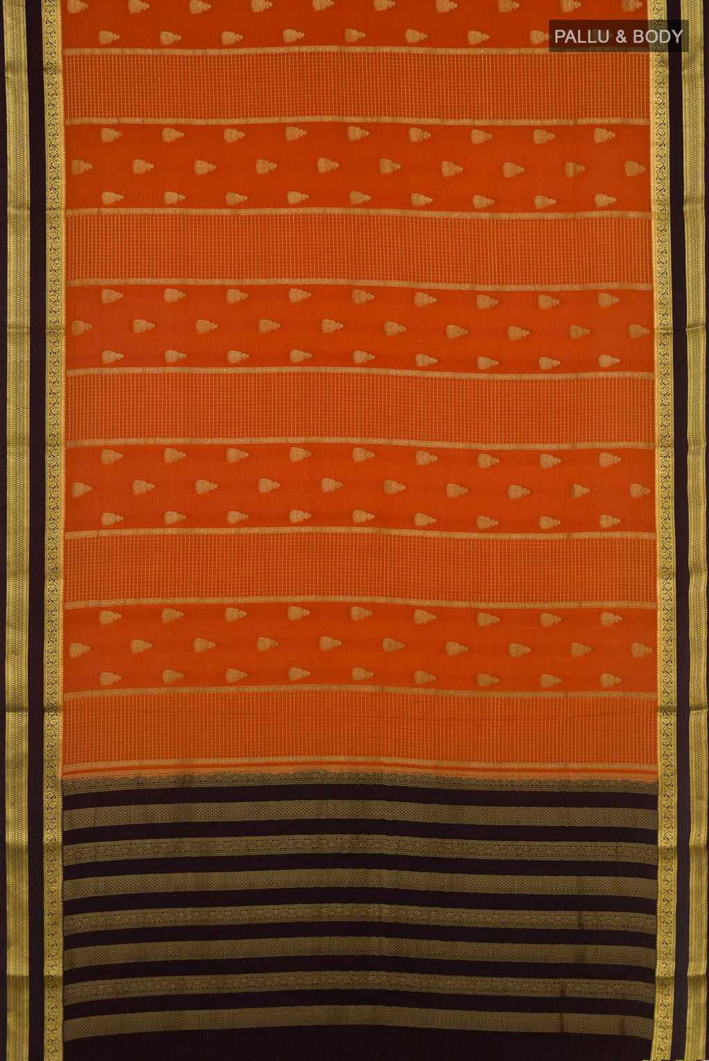 Flat view of Orange Mysore Crepe Saree with Zari Butta on the body and Zari Border. 