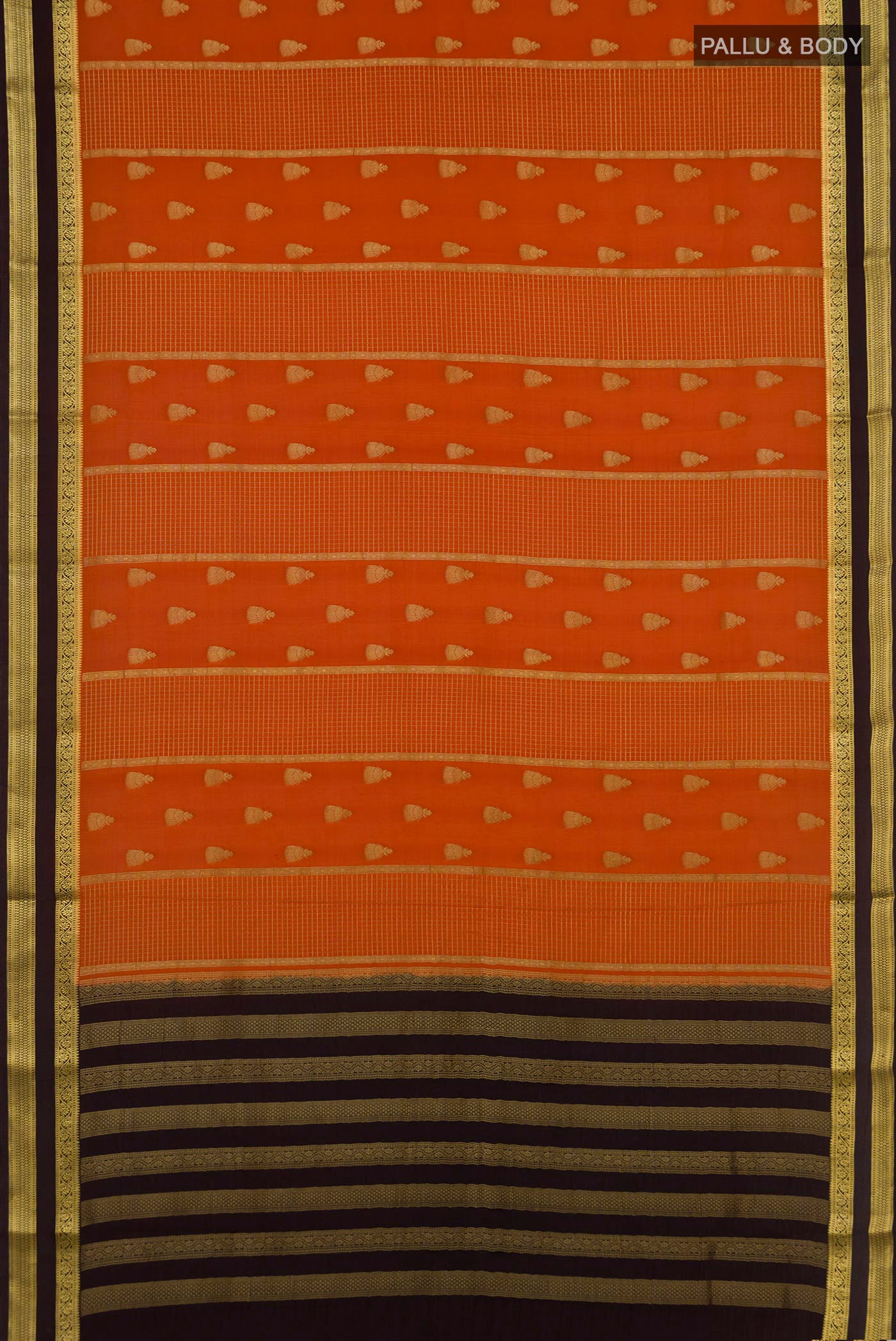 Flat view of Orange Mysore Crepe Saree with Zari Butta on the body and Zari Border. 