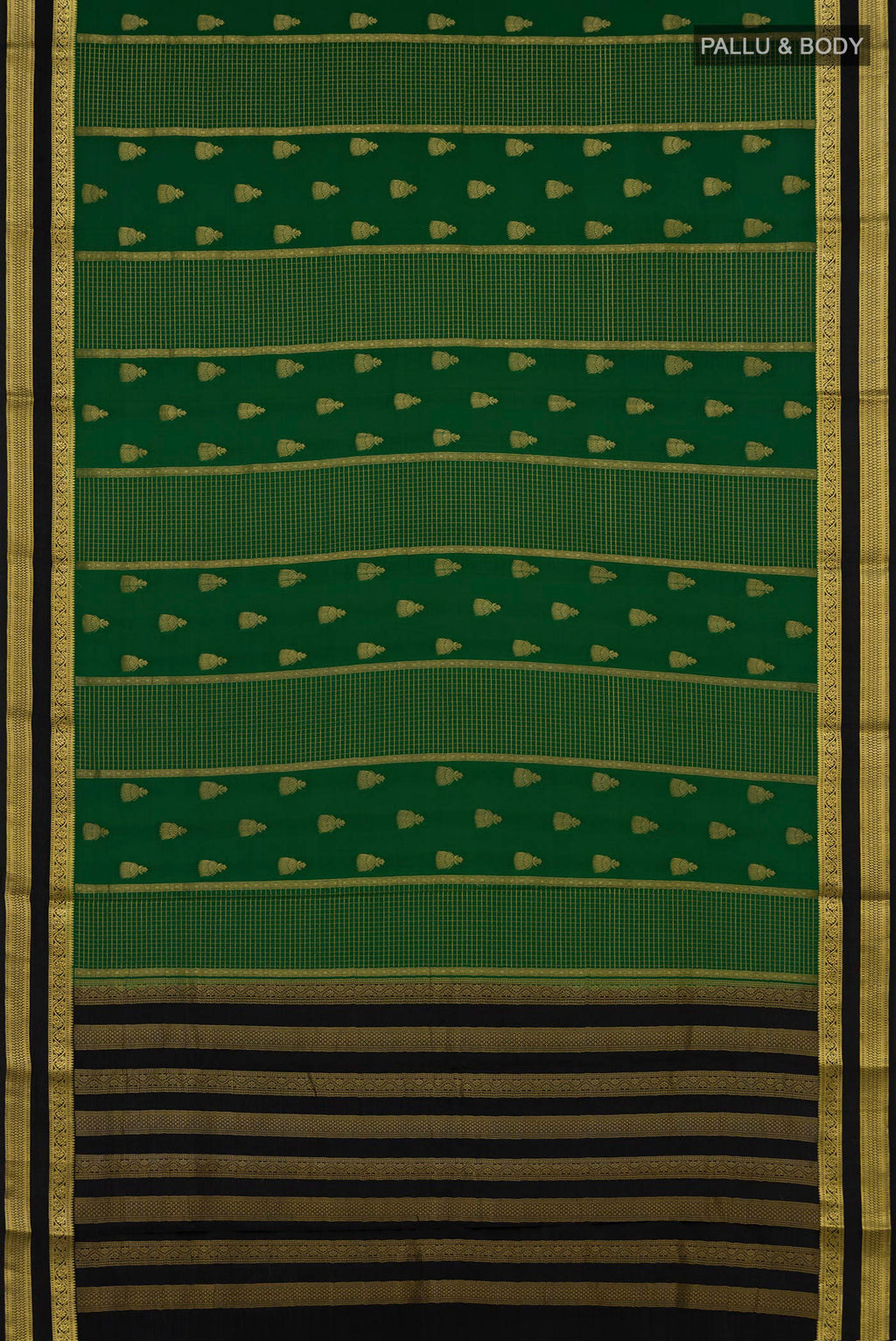 Flat view of Green Mysore Crepe Saree with Stripes on the body and Zari Border. 
