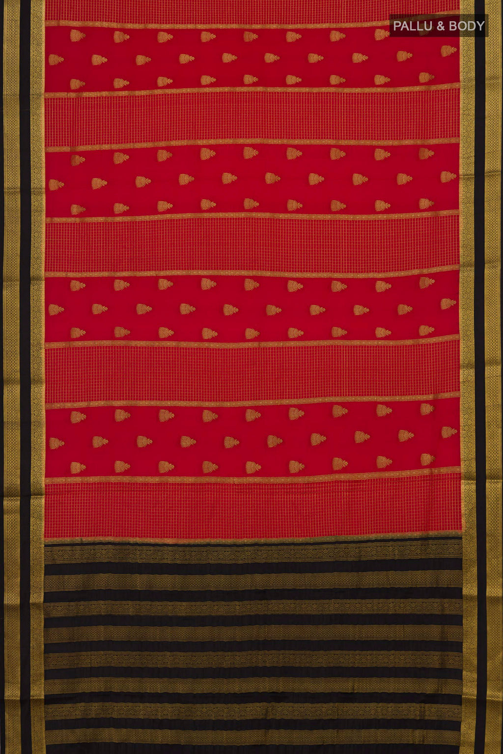 Flat view of Red Mysore Crepe Saree with Stripes on the body and Zari Border. 