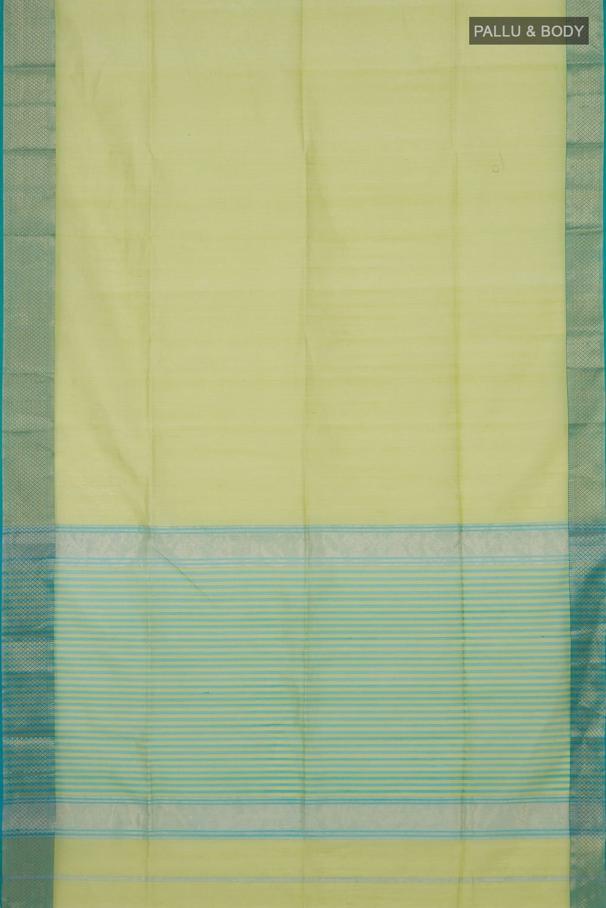 Flat view of Light Green Maheshwari Silk Cotton Saree with Plain Body and Zari Border. 