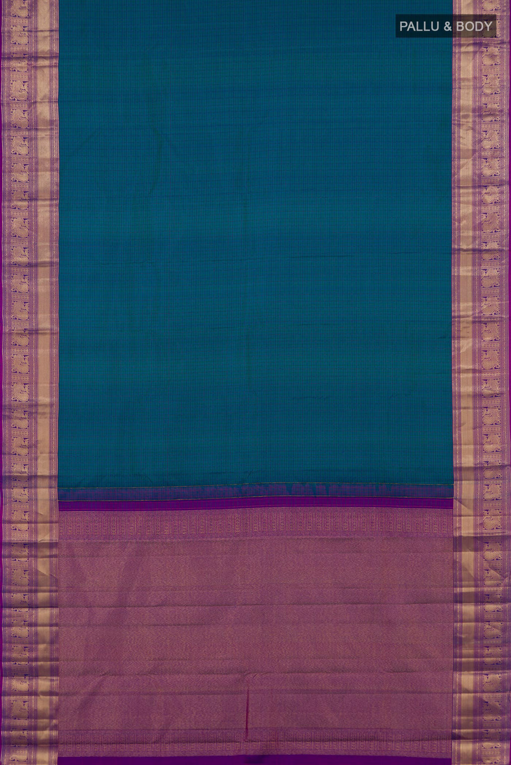 Flat view of Peacock Blue Kanchipuram Saree with Checked design on the body and Zari Border. 