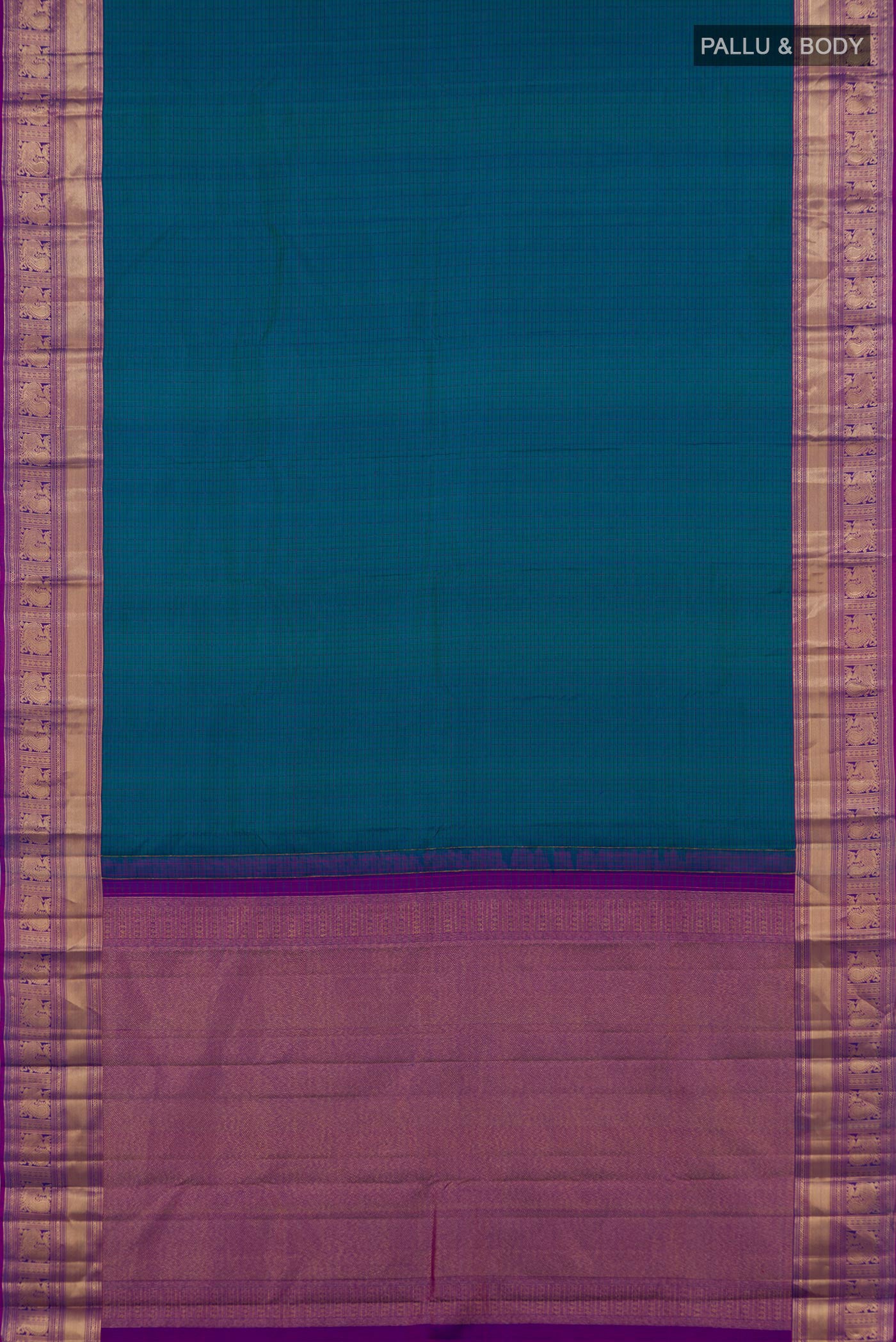 Flat view of Peacock Blue Kanchipuram Saree with Checked design on the body and Zari Border. 