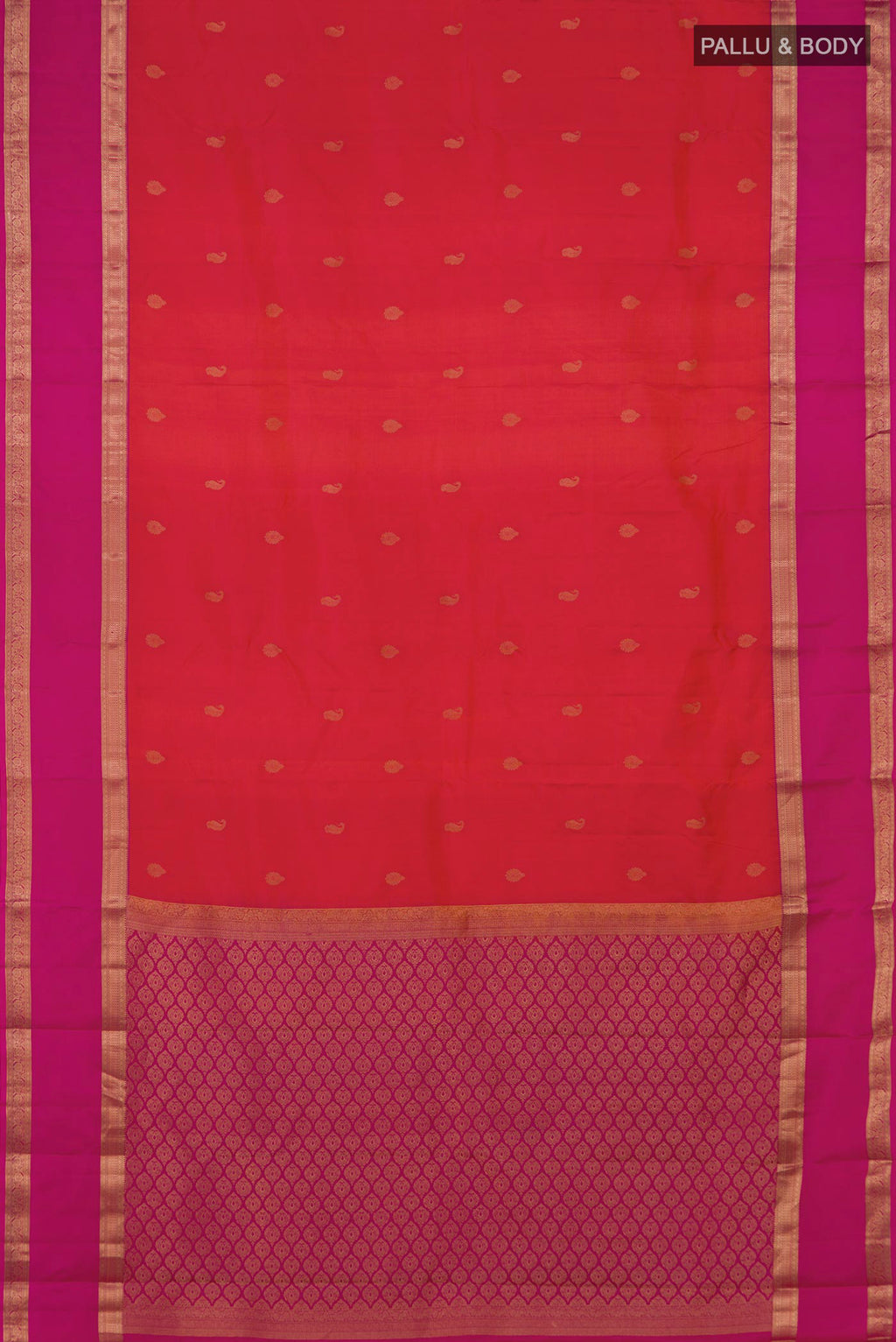 Flat view of Pink with Orange Color Kanchipuram Silk Saree with Zari Butta on the body and Zari Border. 