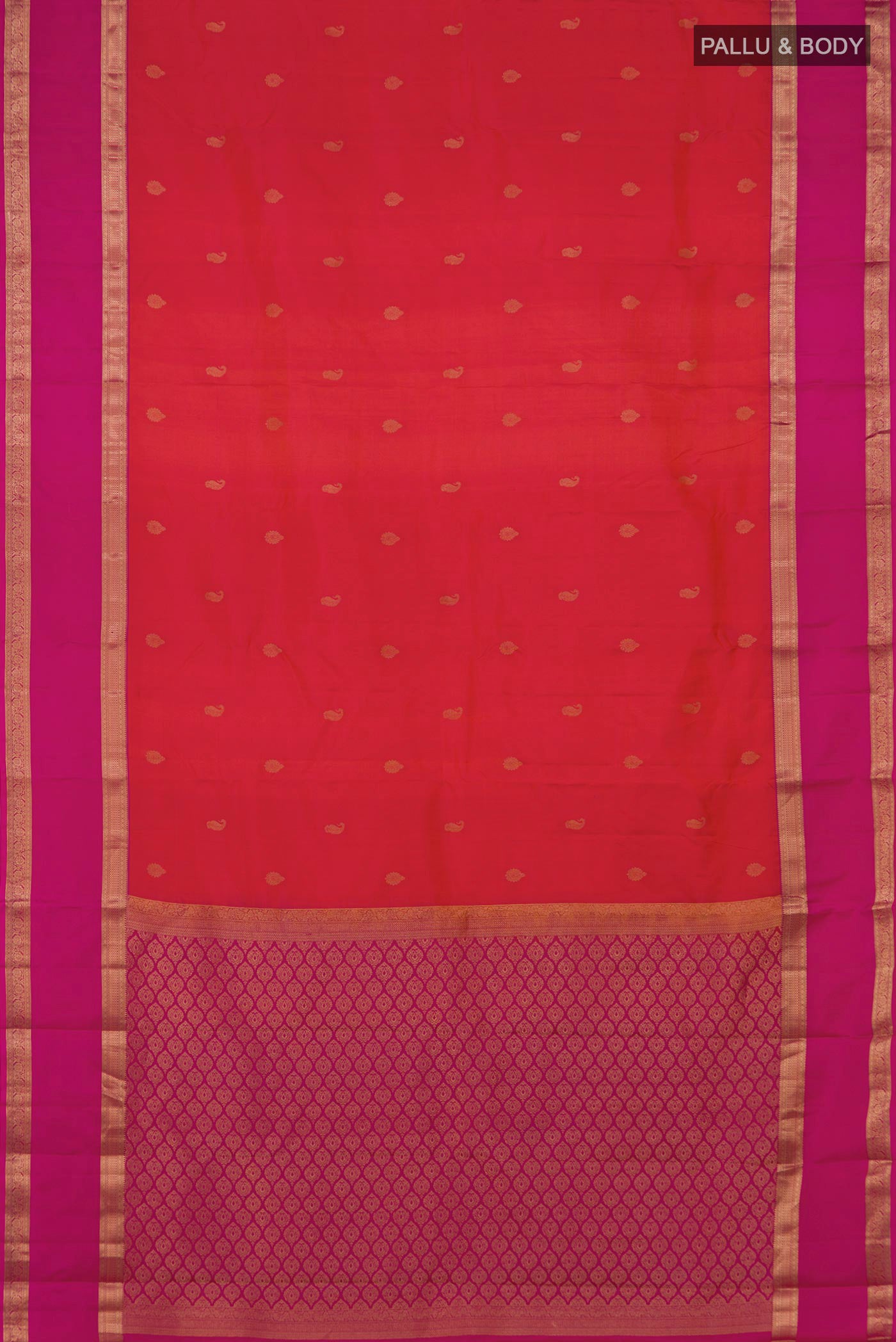 Flat view of Pink with Orange Color Kanchipuram Silk Saree with Zari Butta on the body and Zari Border. 