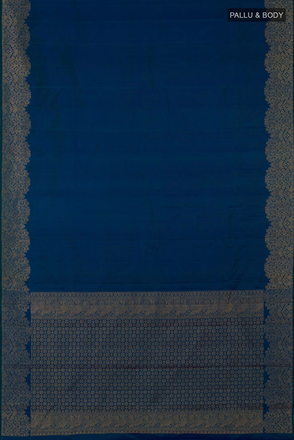 Flat view of Blue Kanchipuram Saree with Plain Body and Fancy Border. 