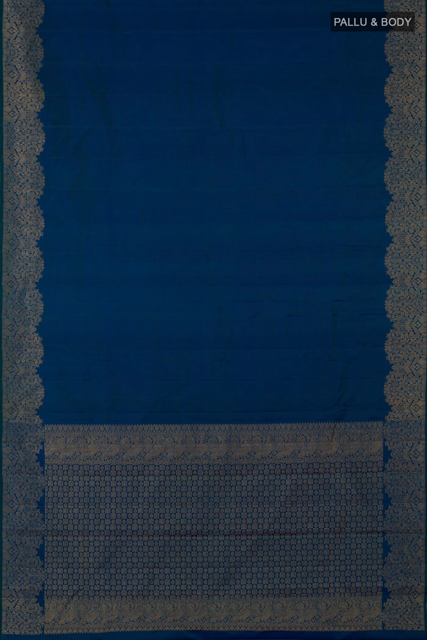 Flat view of Blue Kanchipuram Saree with Plain Body and Fancy Border. 