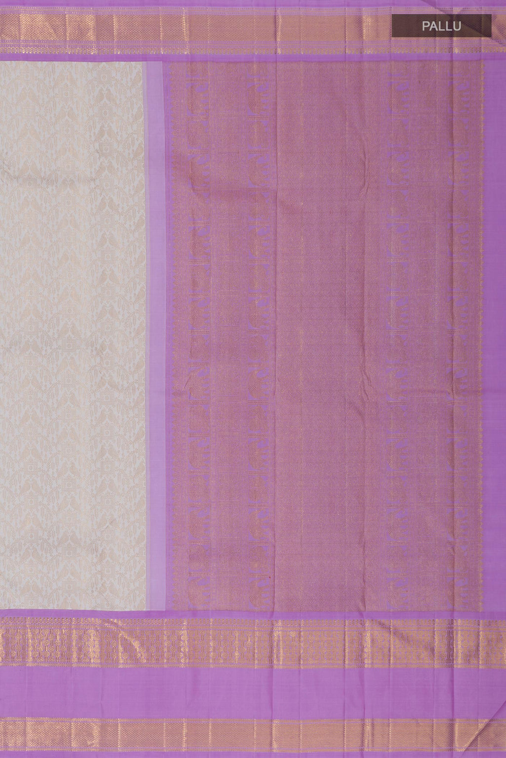 Close up image of the pallu of Off White Kanchipuram Silk Saree with Zari Brocade on the body and Zari Border. 