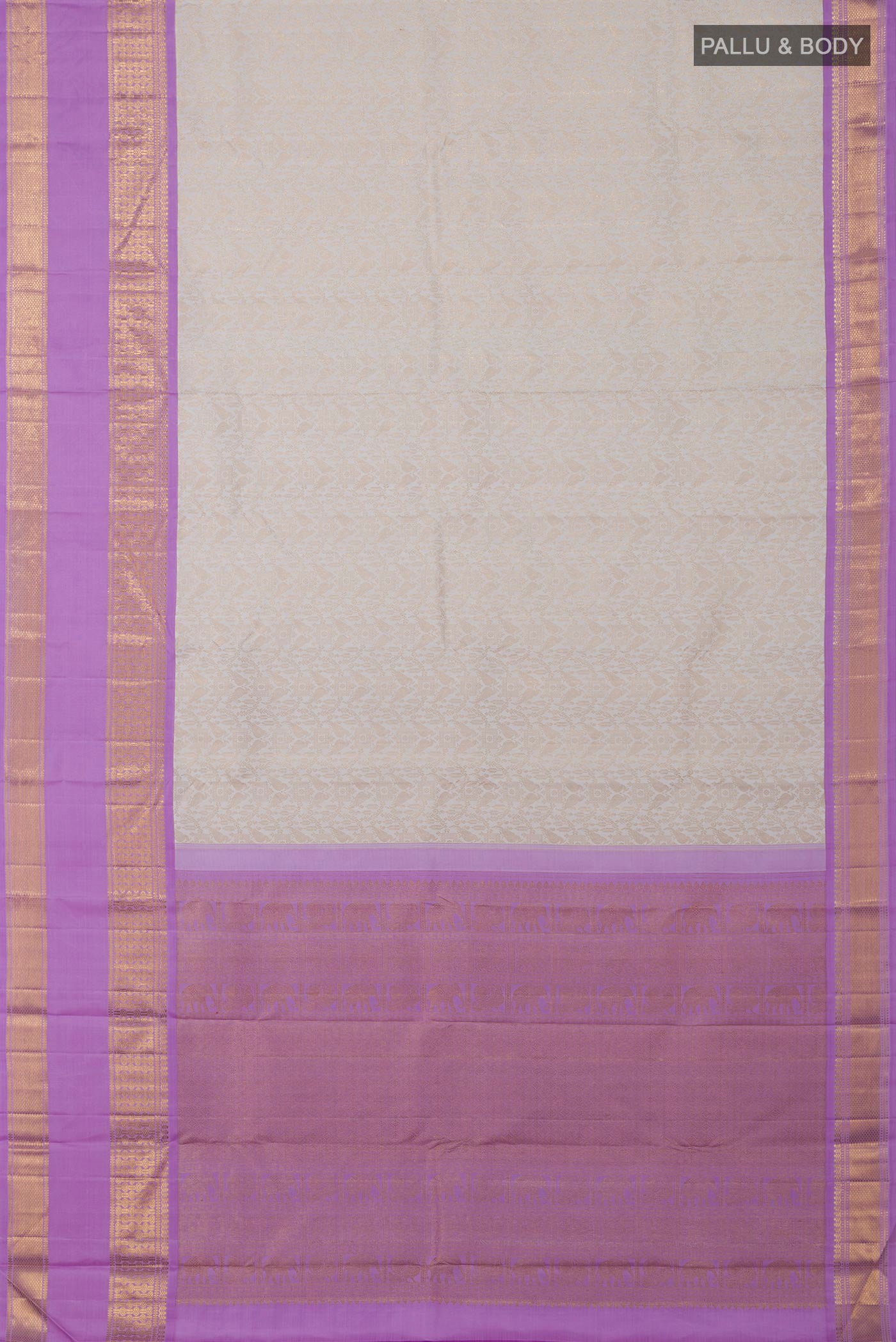 Flat view of Off White Kanchipuram Silk Saree with Zari Brocade on the body and Zari Border. 