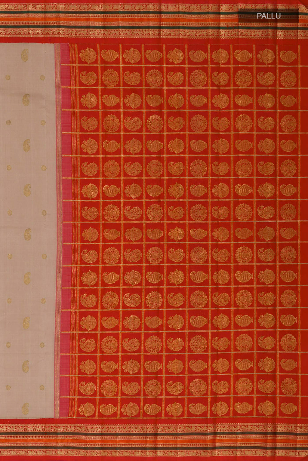 Close up image of the pallu of Pure Silk Pure Zari Beige Kanchipuram Saree with Zari Butta on the body and Zari Border. 