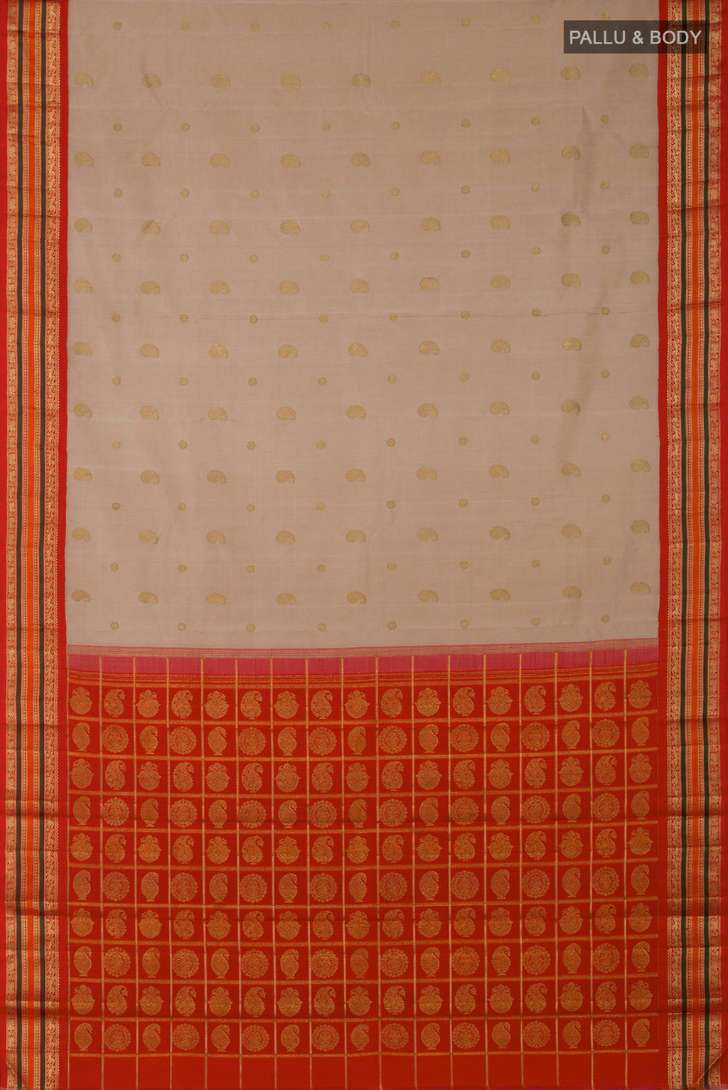Flat view of Pure Silk Pure Zari Beige Kanchipuram Saree with Zari Butta on the body and Zari Border. 