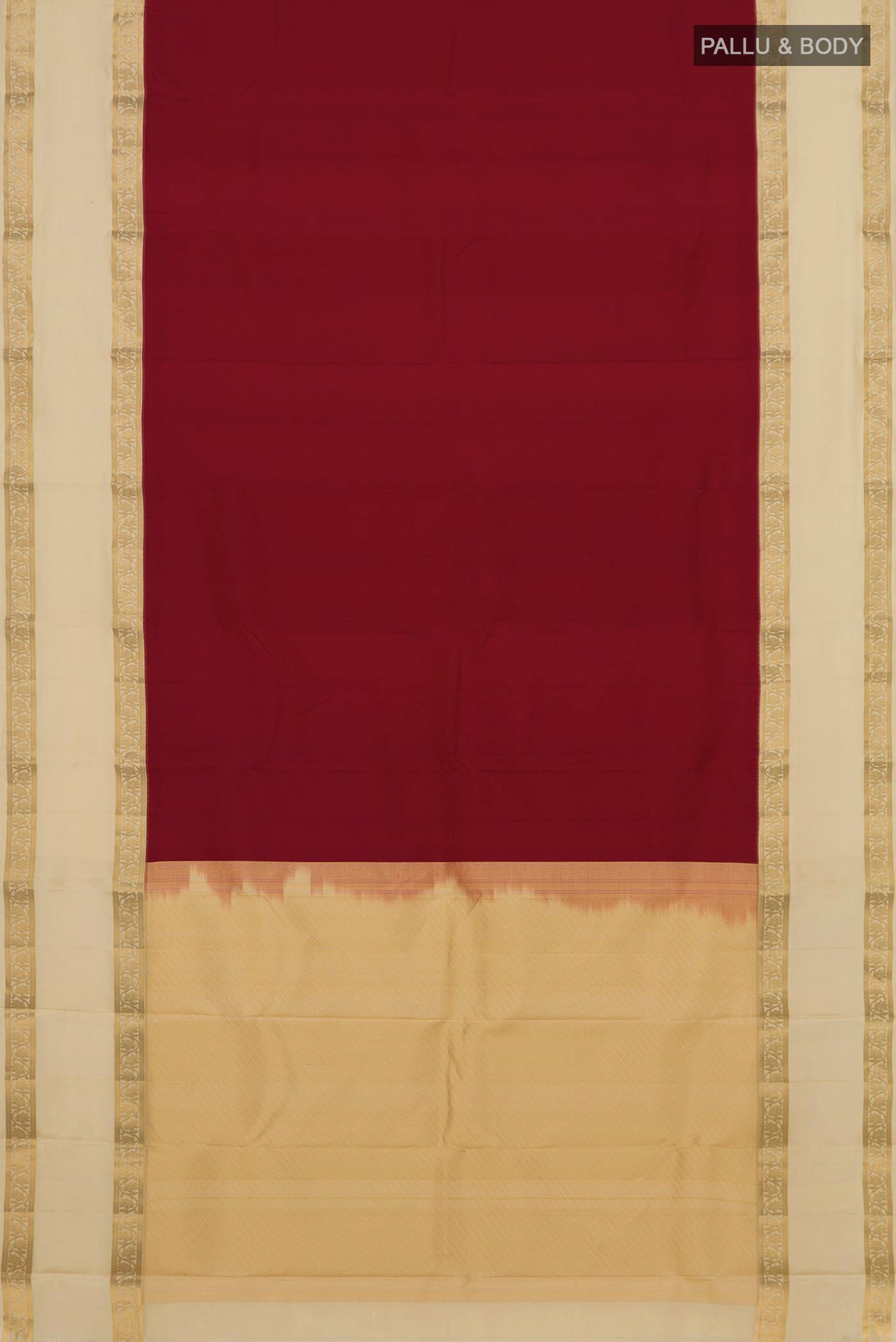 Flat view of Maroon Kanchipuram Silk Saree with Plain Body and Zari Border. 