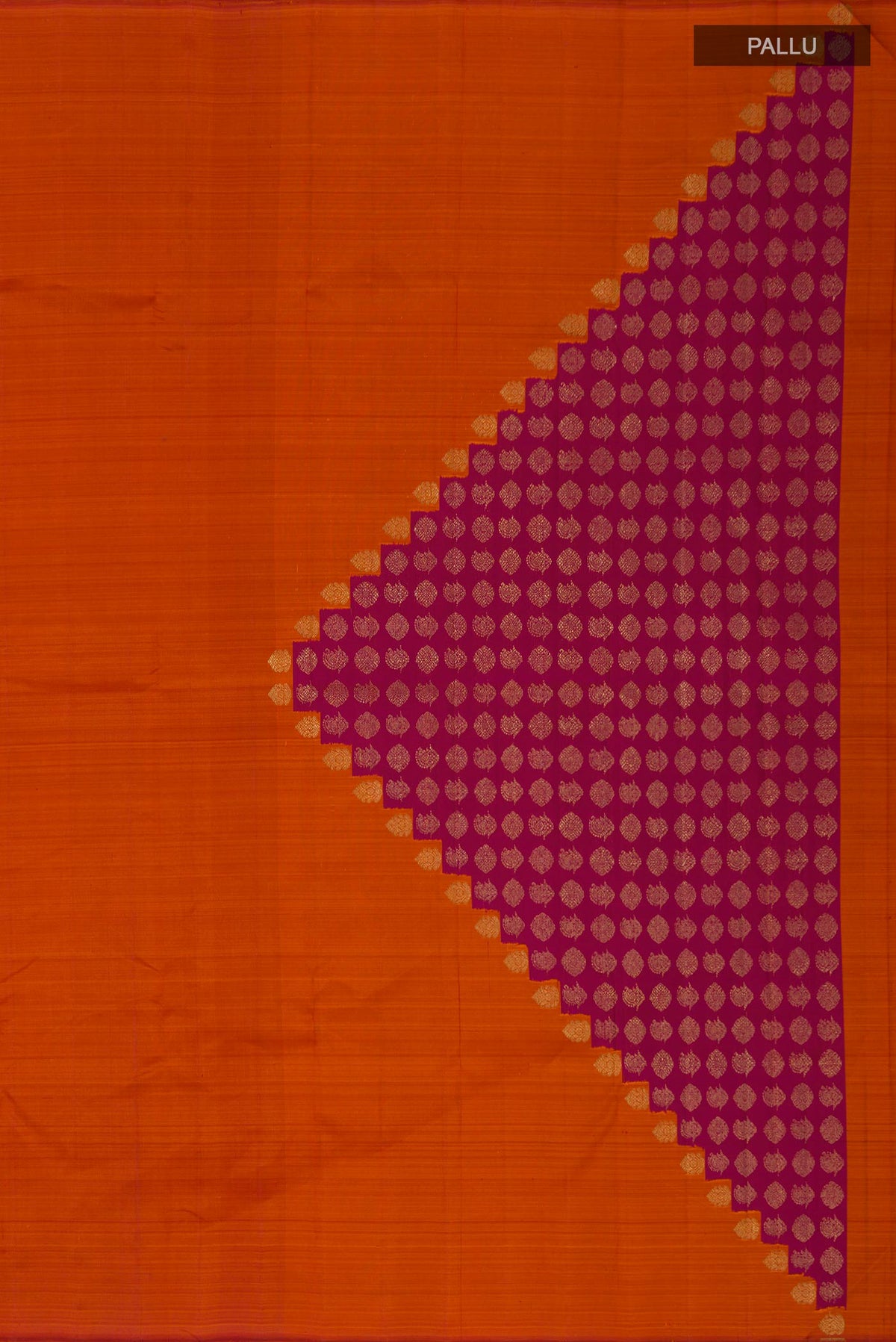 Close up image of the pallu of Pure Silk Pure Zari Rust Kanchipuram Saree with Plain Body and Without Border. 