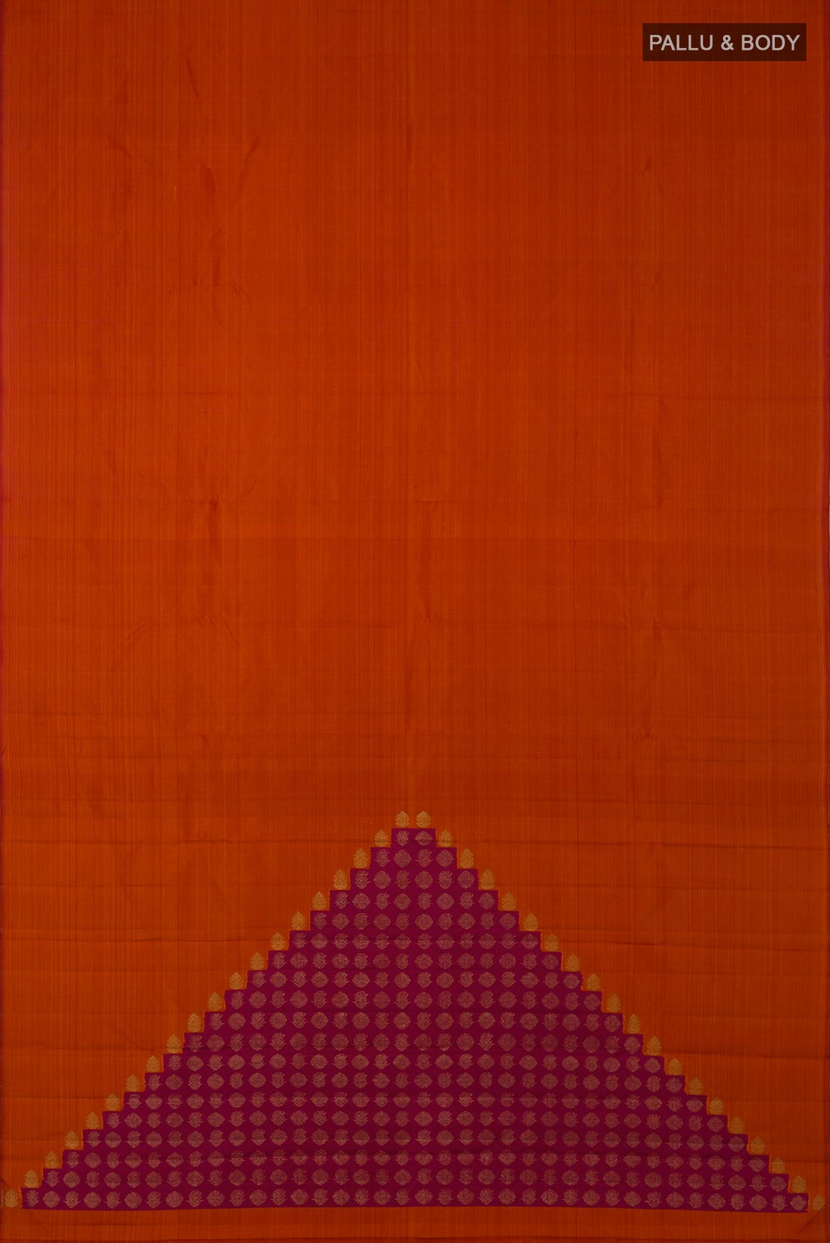 Flat view of Pure Silk Pure Zari Rust Kanchipuram Saree with Plain Body and Without Border. 