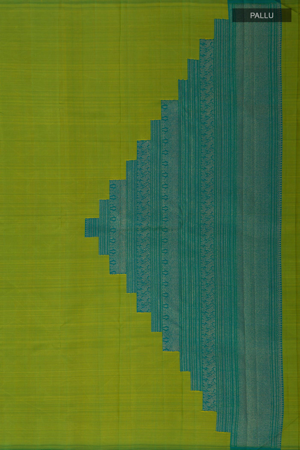 Close up image of the pallu of Pure Silk Pure Zari Green Kanchipuram Saree with Plain Body and Without Border. 