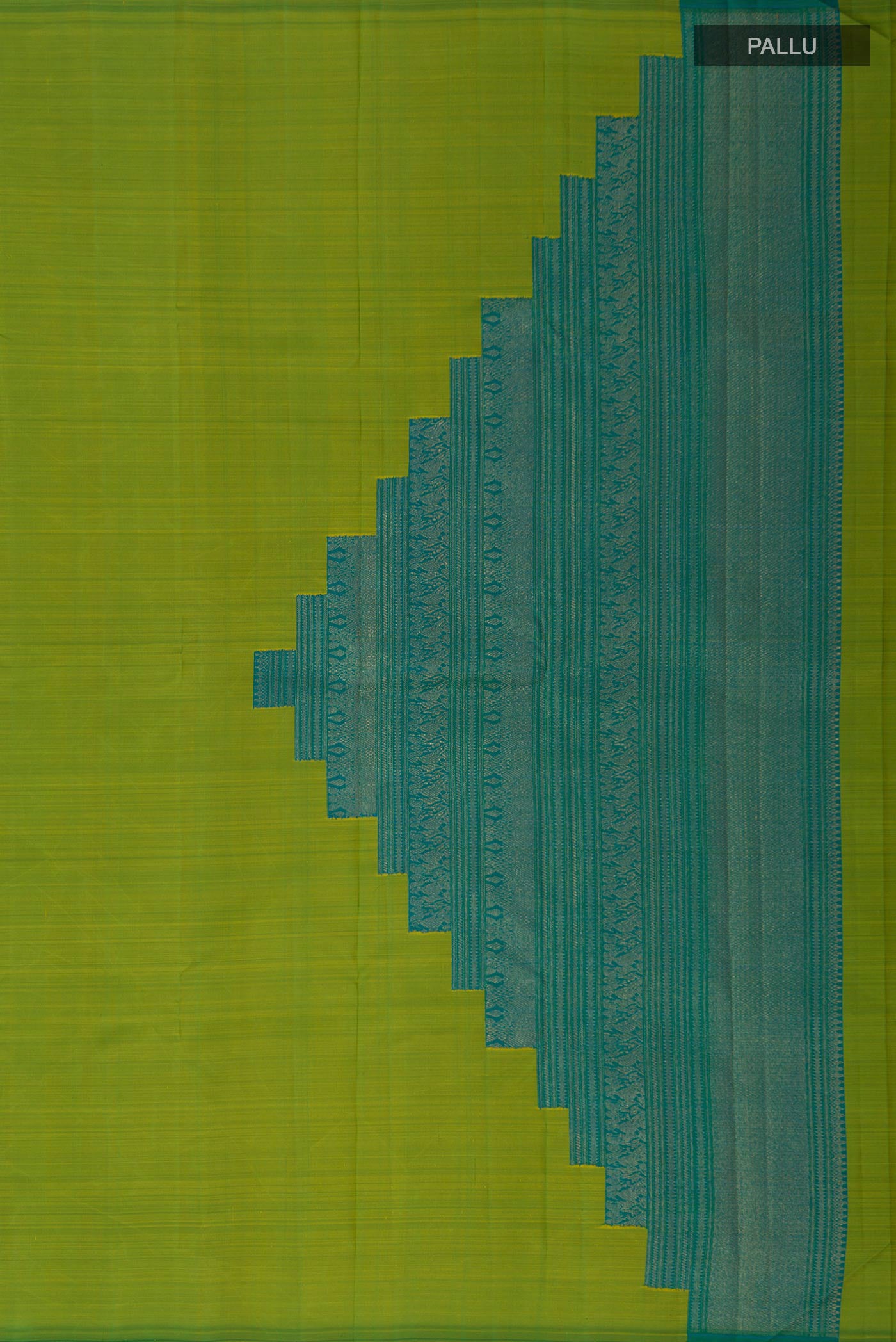 Close up image of the pallu of Pure Silk Pure Zari Green Kanchipuram Saree with Plain Body and Without Border. 