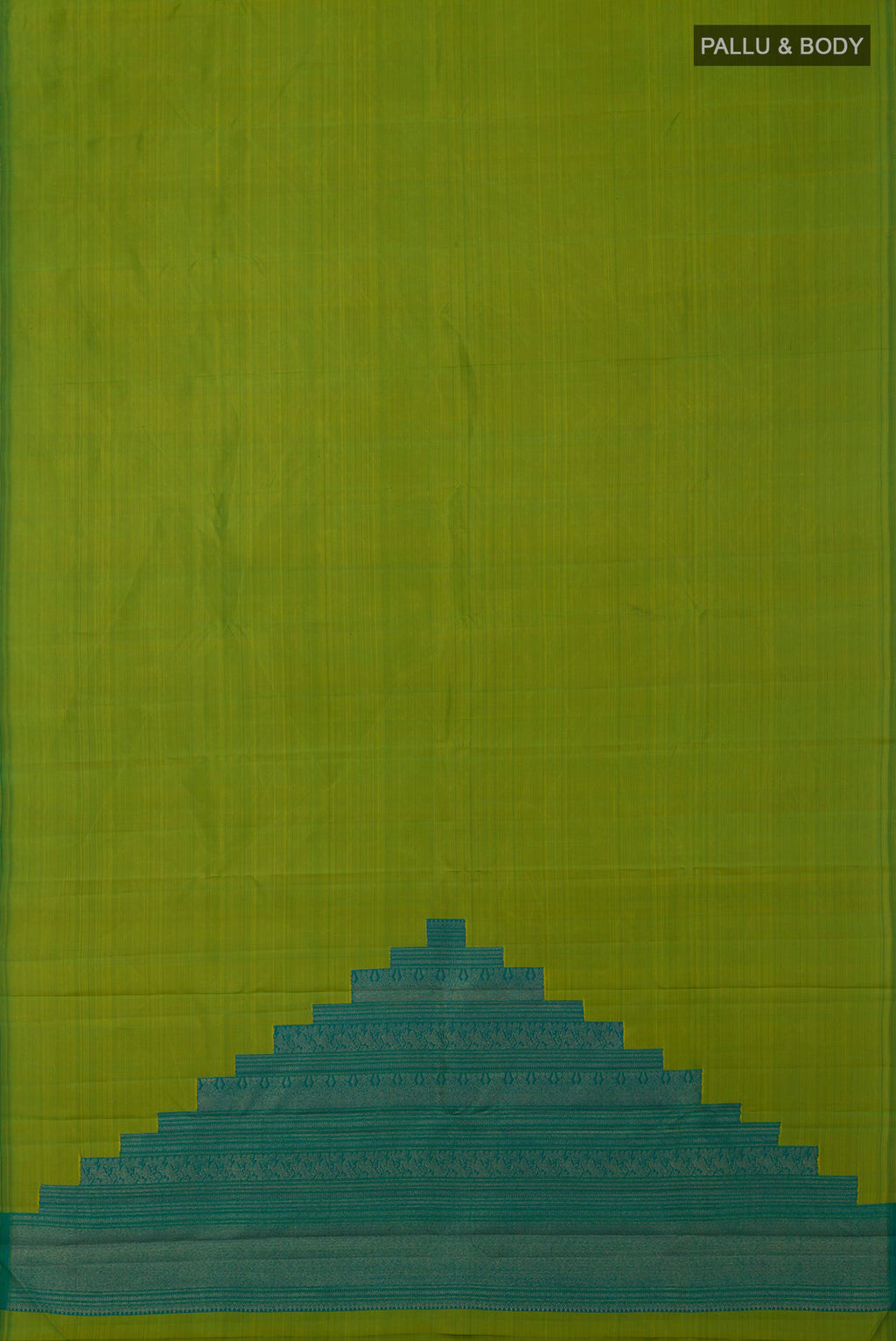 Flat view of Pure Silk Pure Zari Green Kanchipuram Saree with Plain Body and Without Border. 