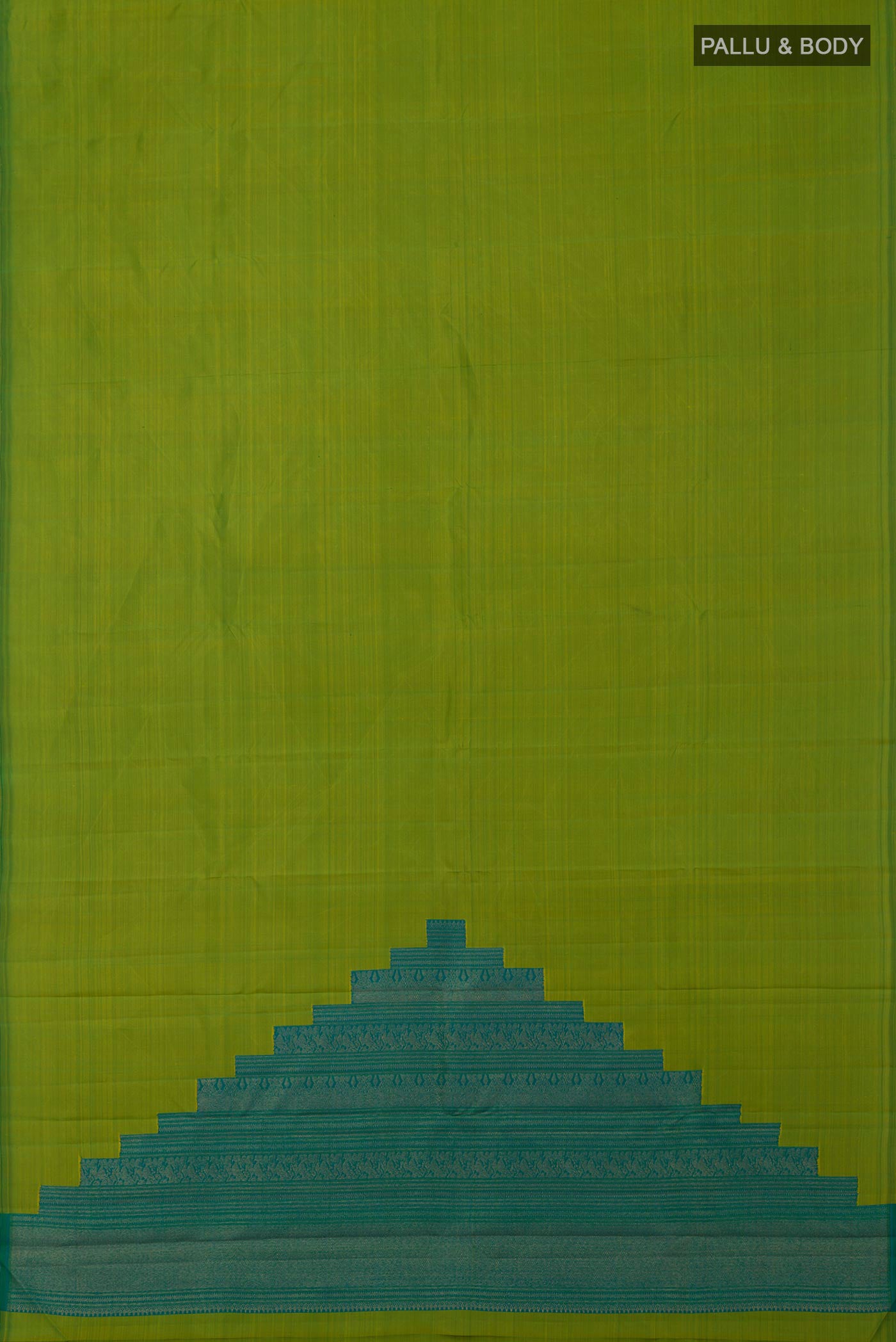 Flat view of Pure Silk Pure Zari Green Kanchipuram Saree with Plain Body and Without Border. 