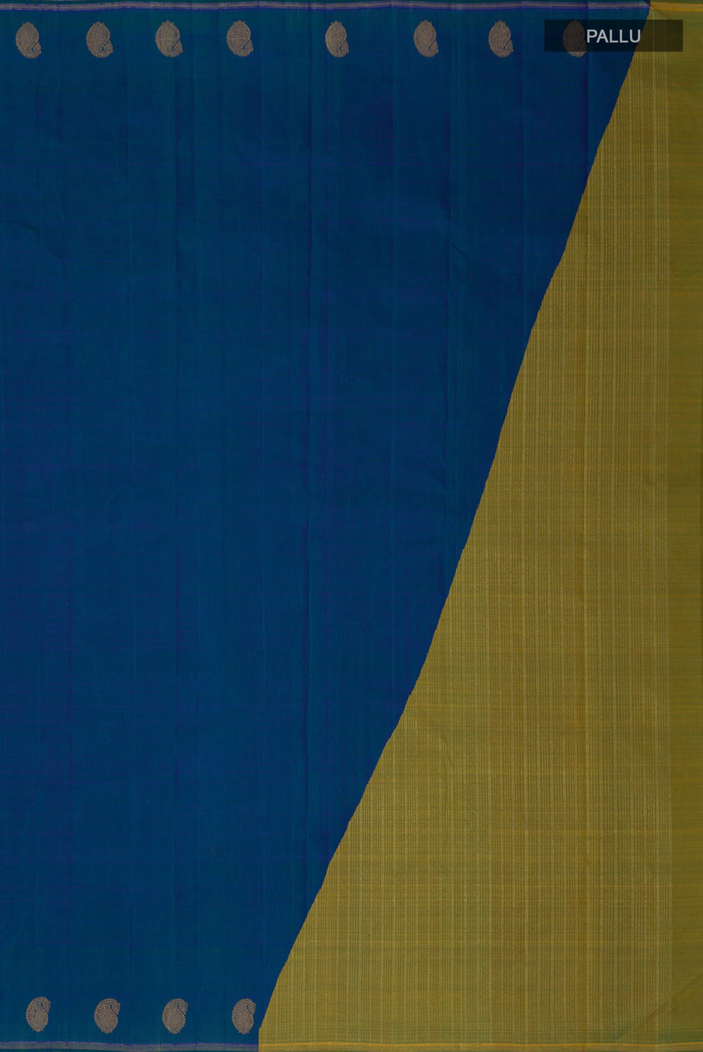 Close up image of the pallu of Pure Silk Pure Zari Blue Kanjivaram Saree with Plain Body and Thin Zari Line. 