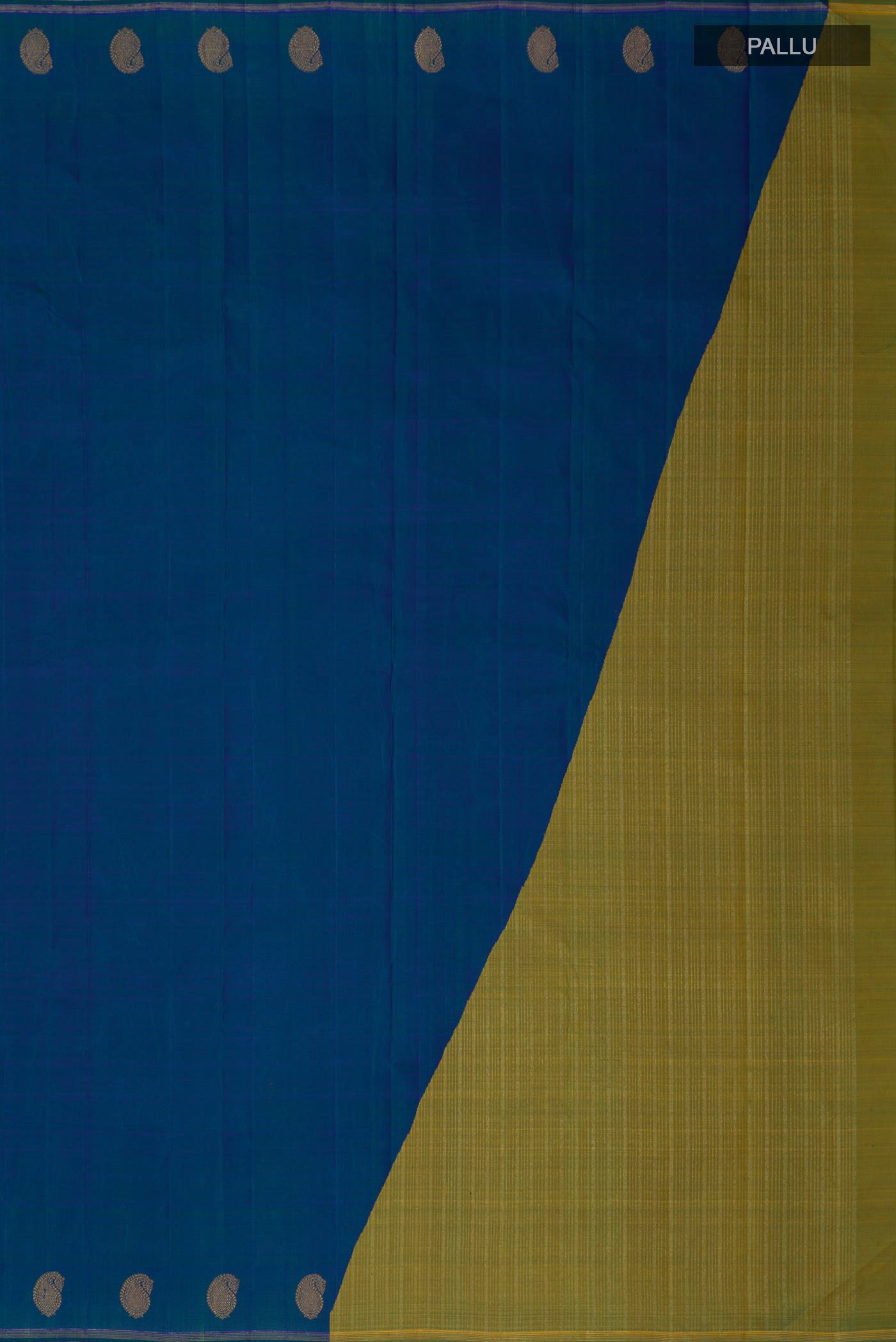 Close up image of the pallu of Pure Silk Pure Zari Blue Kanjivaram Saree with Plain Body and Thin Zari Line. 