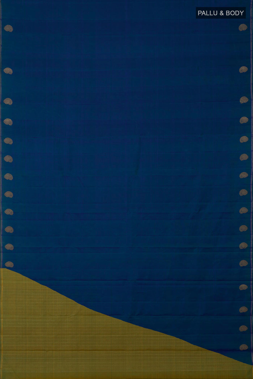 Flat view of Pure Silk Pure Zari Blue Kanjivaram Saree with Plain Body and Thin Zari Line. 