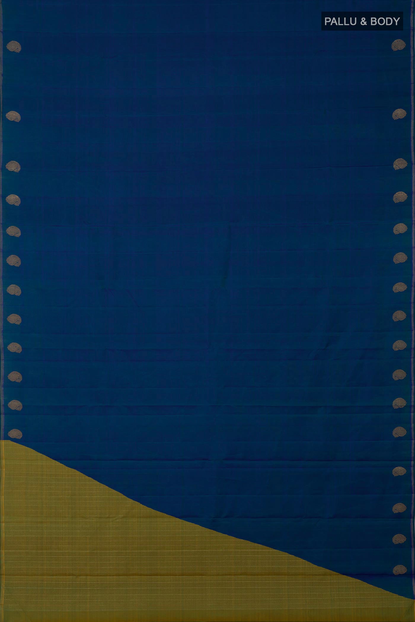 Flat view of Pure Silk Pure Zari Blue Kanjivaram Saree with Plain Body and Thin Zari Line. 