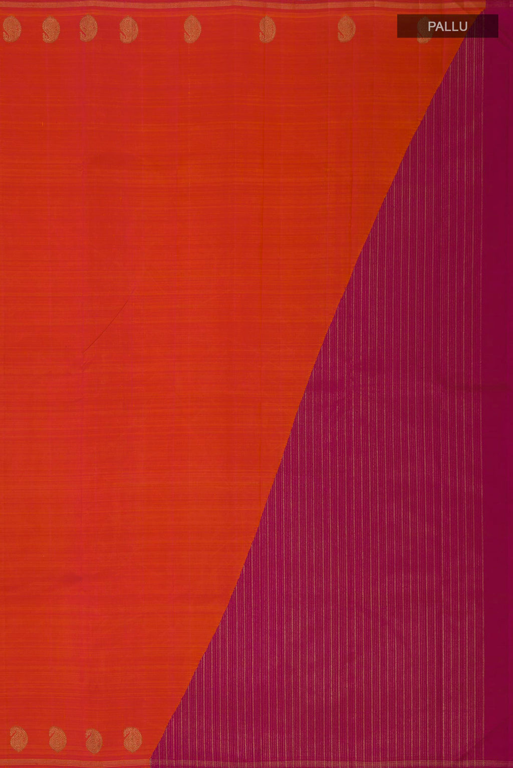 Close up image of the pallu of Pure Silk Pure Zari Orange Kanjivaram Saree with Fancy on the body and Thin Zari Line. 