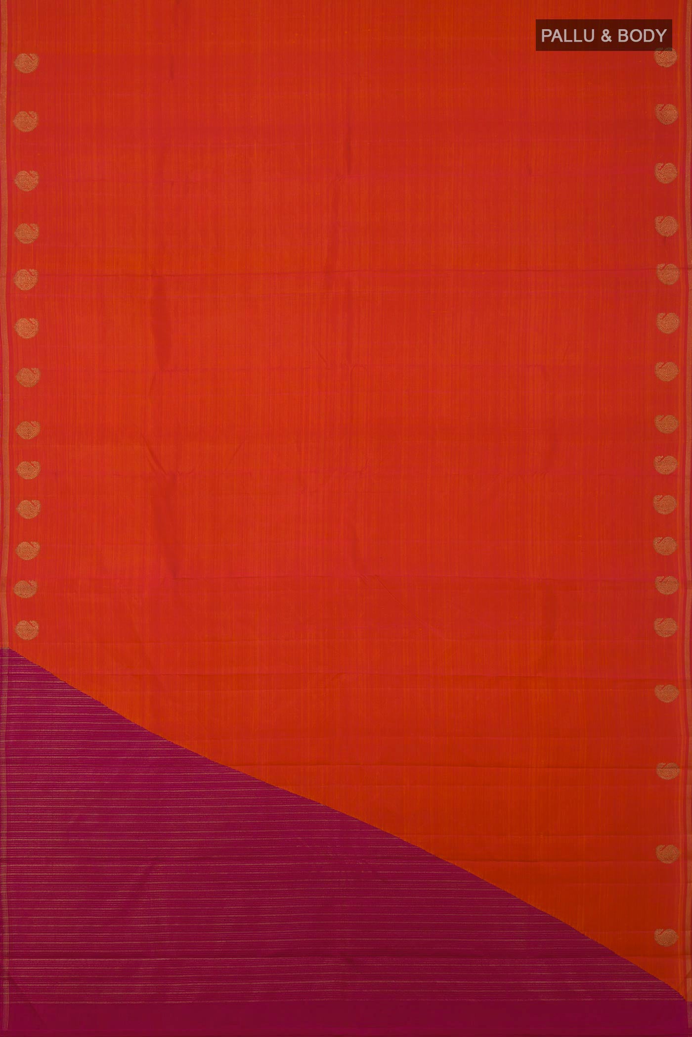 Flat view of Pure Silk Pure Zari Orange Kanjivaram Saree with Fancy on the body and Thin Zari Line. 