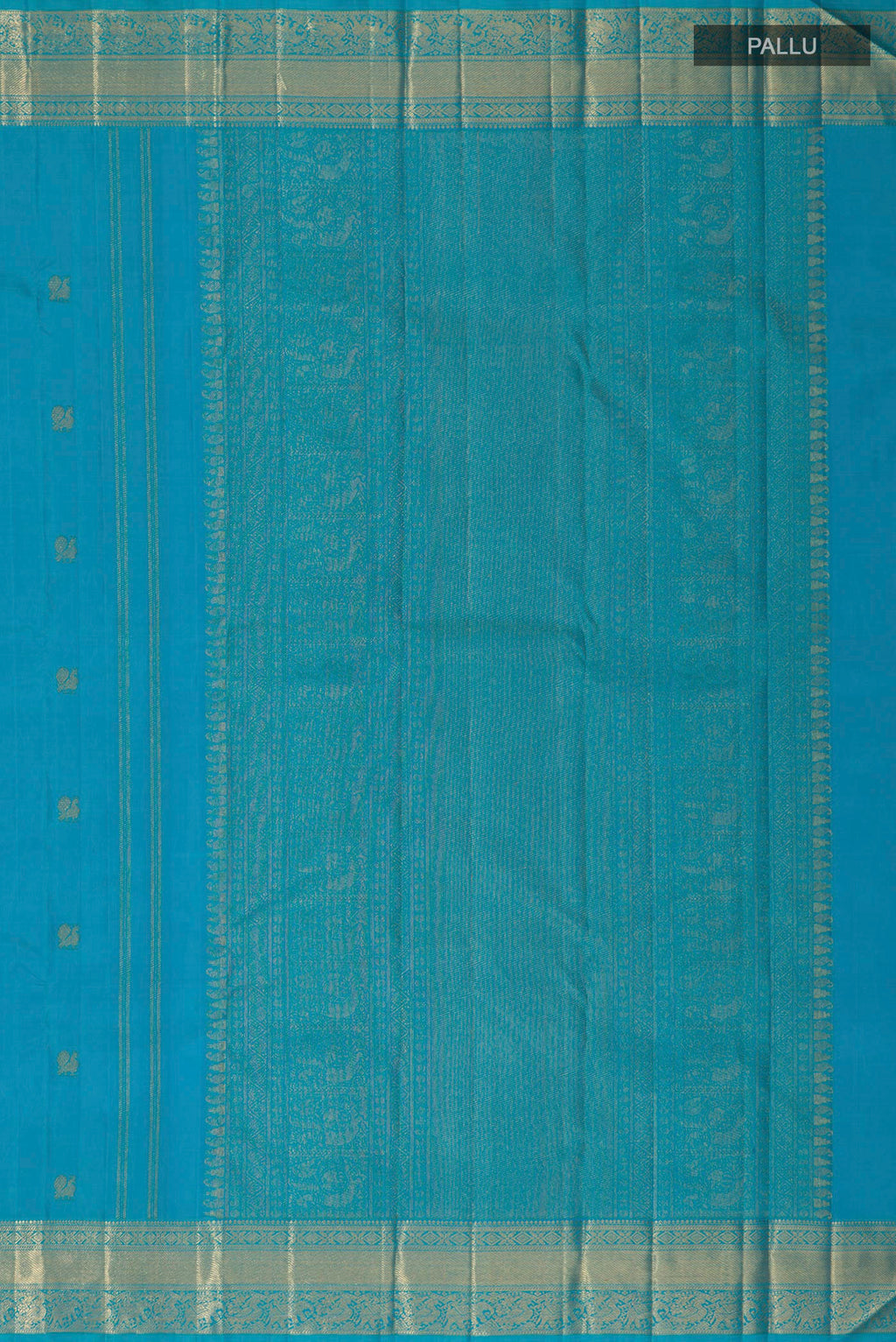 Close up image of the pallu of Pure Silk Pure Zari Blue Kanjivaram Saree with Zari Butta on the body and Zari Border. 
