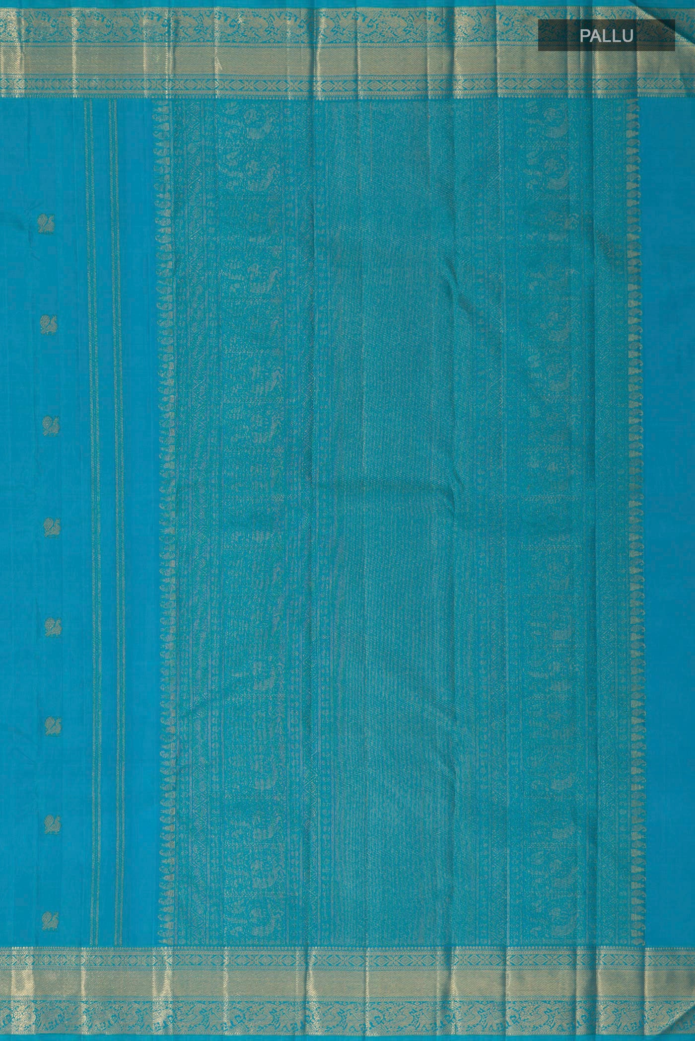 Close up image of the pallu of Pure Silk Pure Zari Blue Kanjivaram Saree with Zari Butta on the body and Zari Border. 