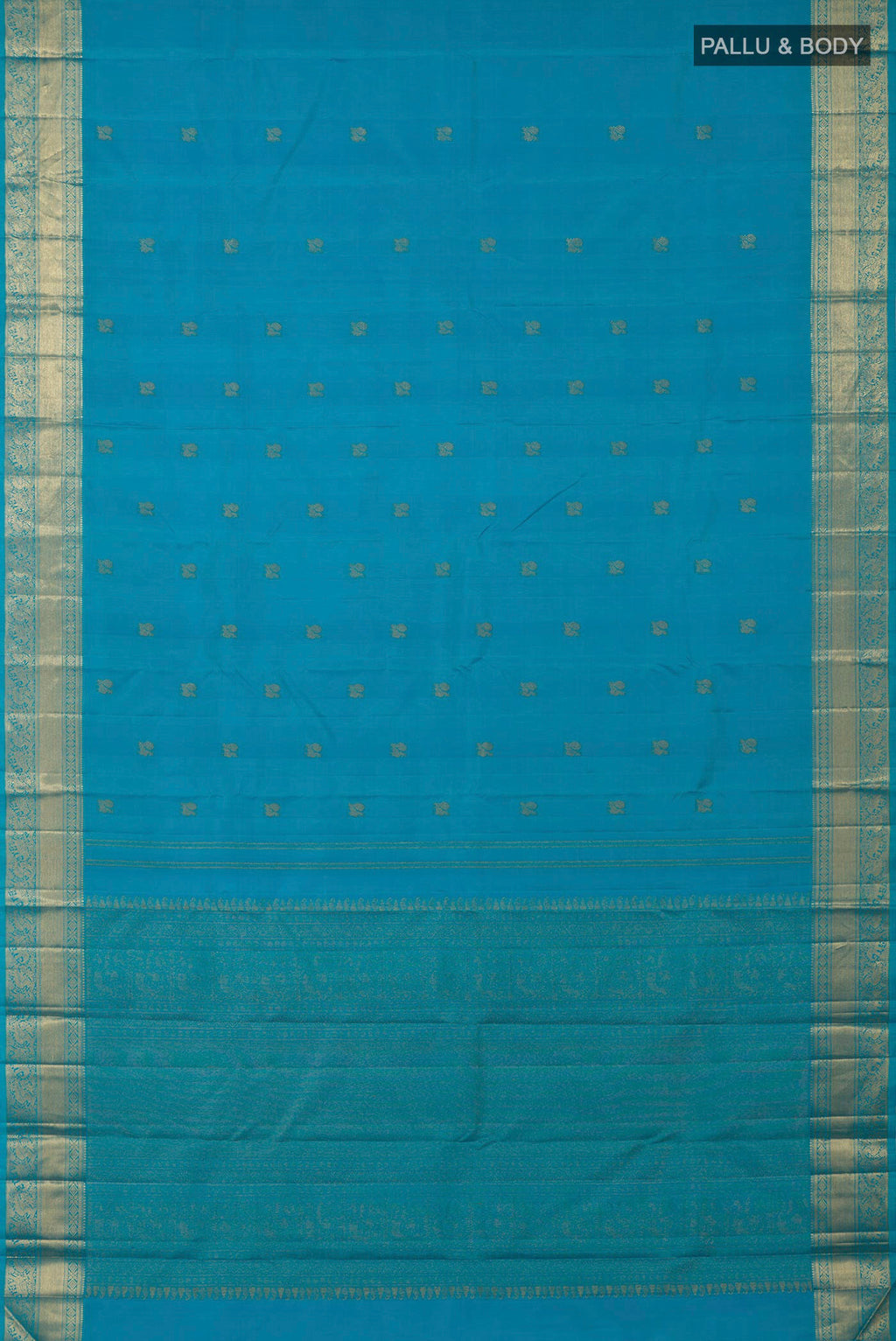 Flat view of Pure Silk Pure Zari Blue Kanjivaram Saree with Zari Butta on the body and Zari Border. 