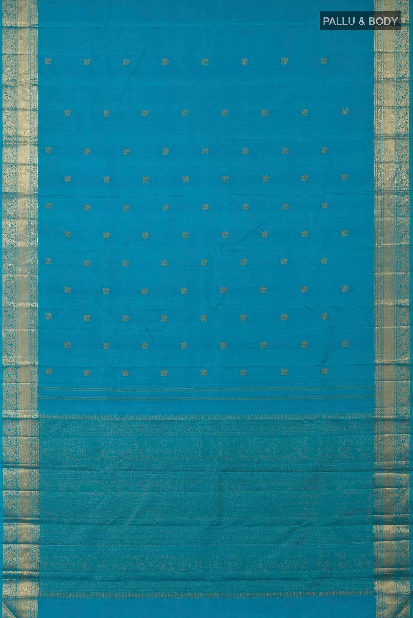 Flat view of Pure Silk Pure Zari Blue Kanjivaram Saree with Zari Butta on the body and Zari Border. 