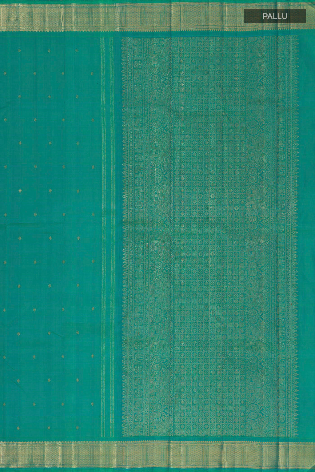 Close up image of the pallu of Pure Silk Sea Green Kanjivaram Saree with Zari Butta on the body and Zari Border. 