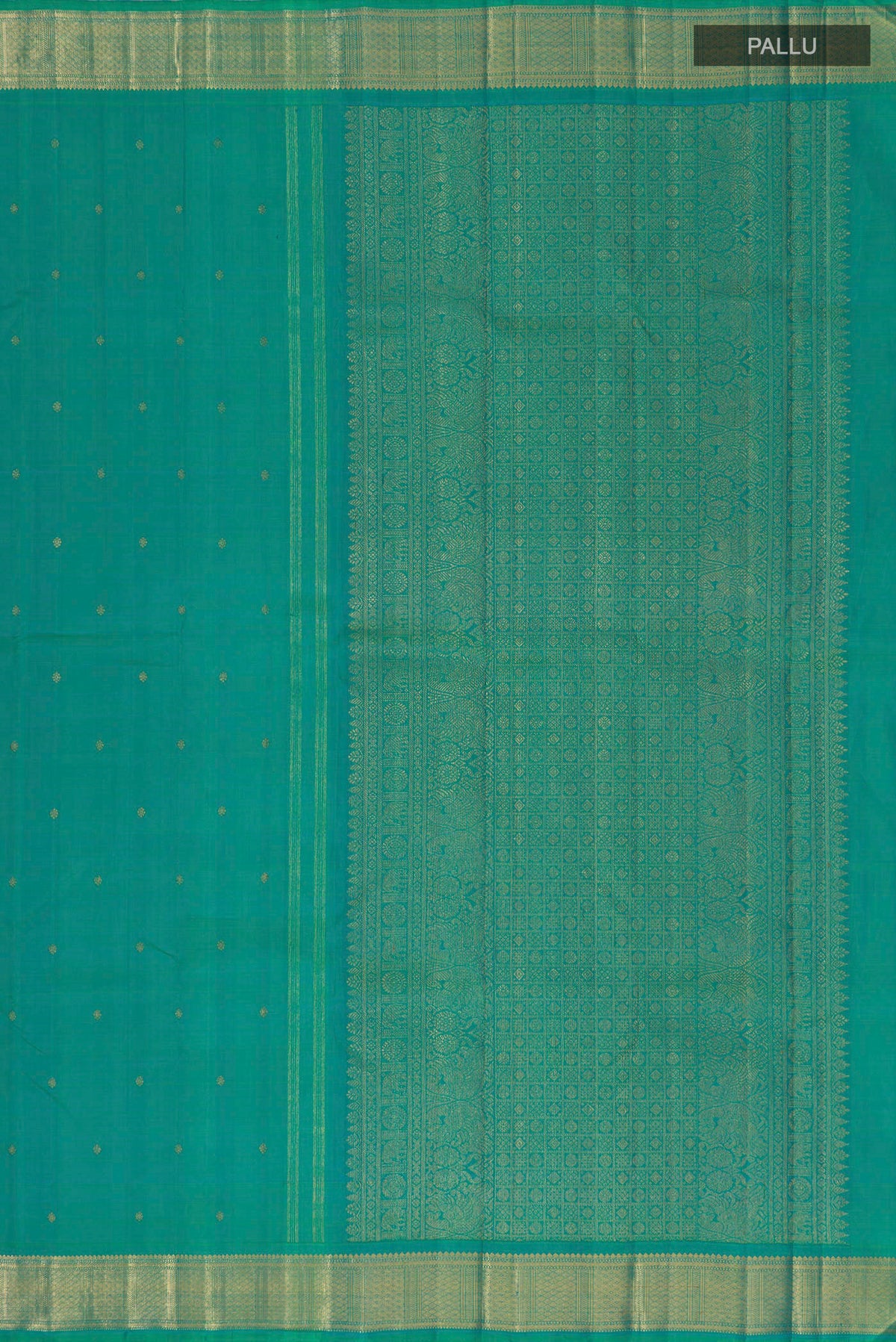 Close up image of the pallu of Pure Silk Sea Green Kanjivaram Saree with Zari Butta on the body and Zari Border. 