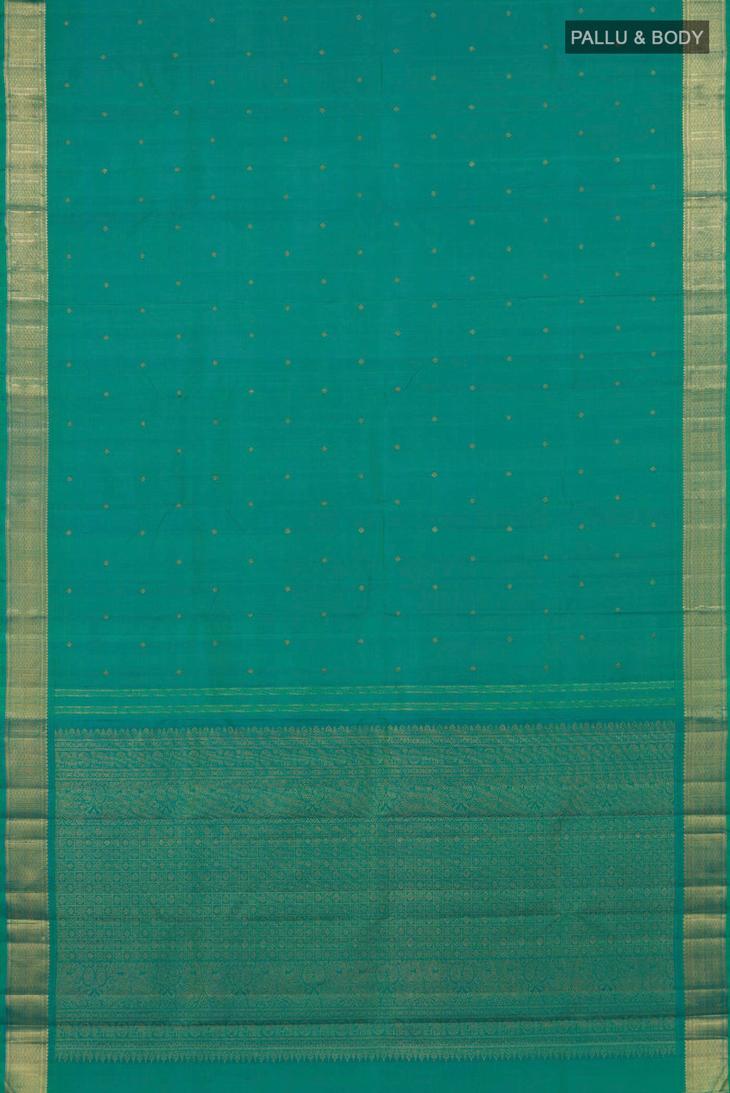 Flat view of Pure Silk Sea Green Kanjivaram Saree with Zari Butta on the body and Zari Border. 