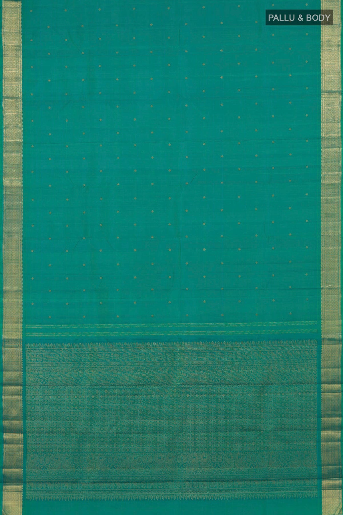 Flat view of Pure Silk Sea Green Kanjivaram Saree with Zari Butta on the body and Zari Border. 