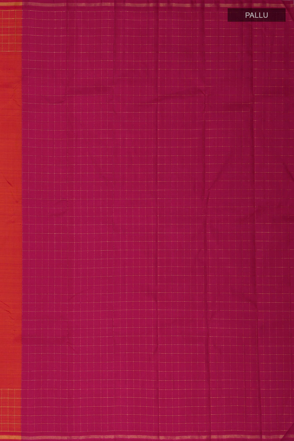 Close up image of the pallu of Pure Silk Pure Zari Brick Orange Kanchipuram Saree with Plain Body and Checks Border. 