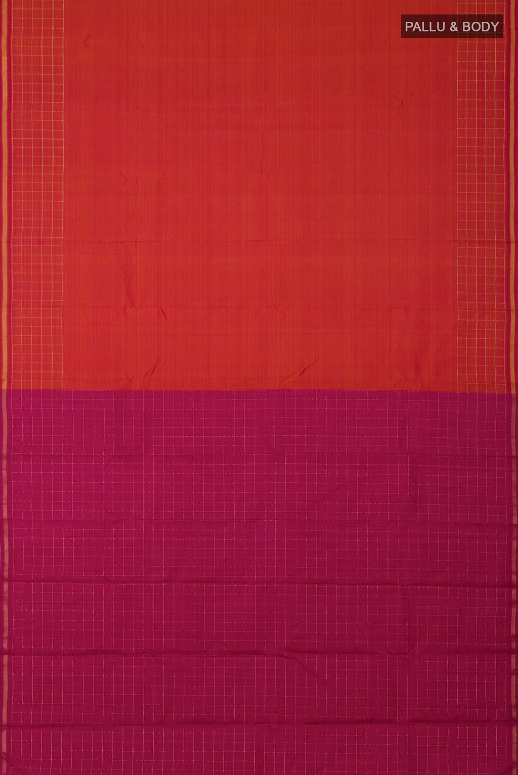 Flat view of Pure Silk Pure Zari Brick Orange Kanchipuram Saree with Plain Body and Checks Border. 