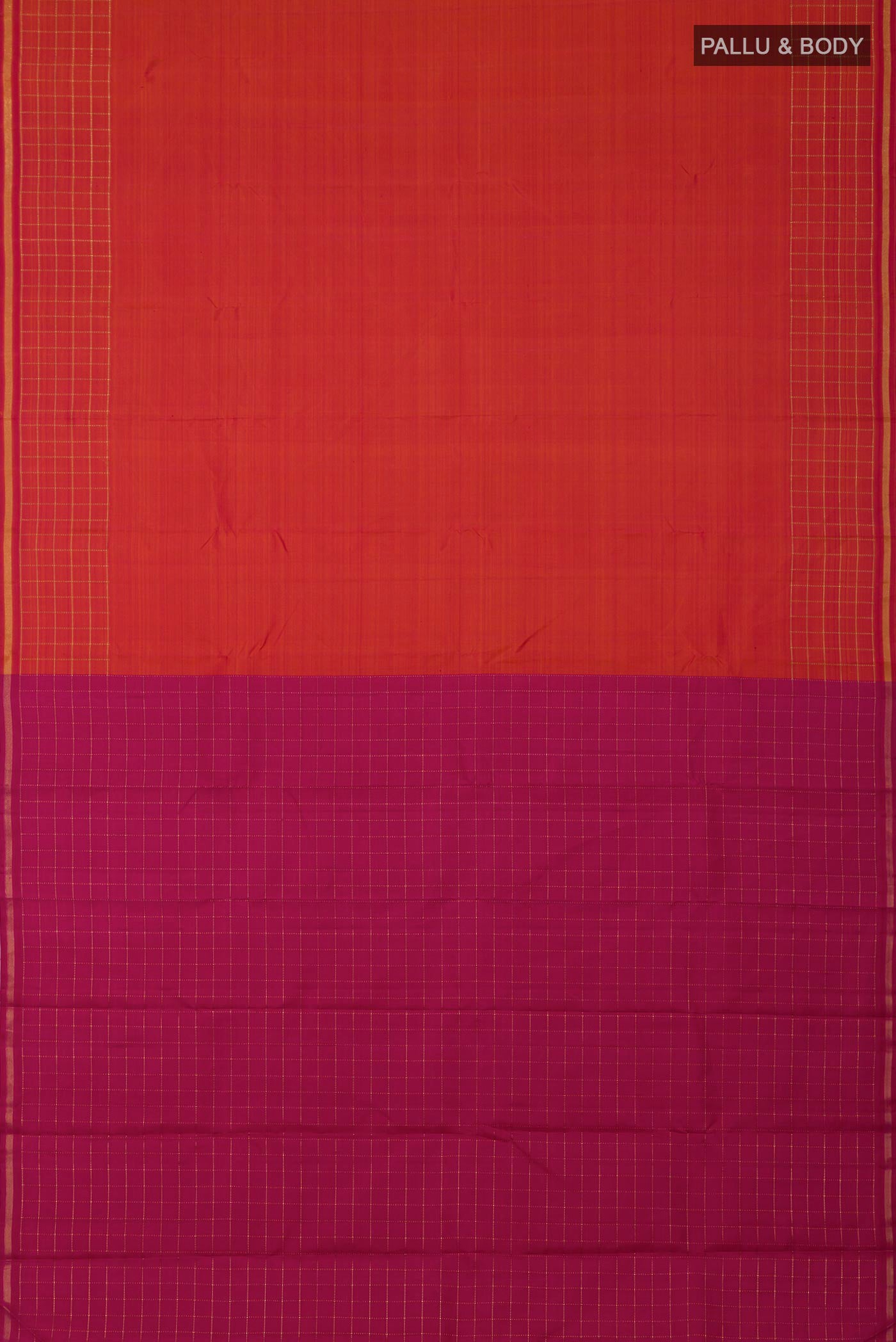 Flat view of Pure Silk Pure Zari Brick Orange Kanchipuram Saree with Plain Body and Checks Border. 