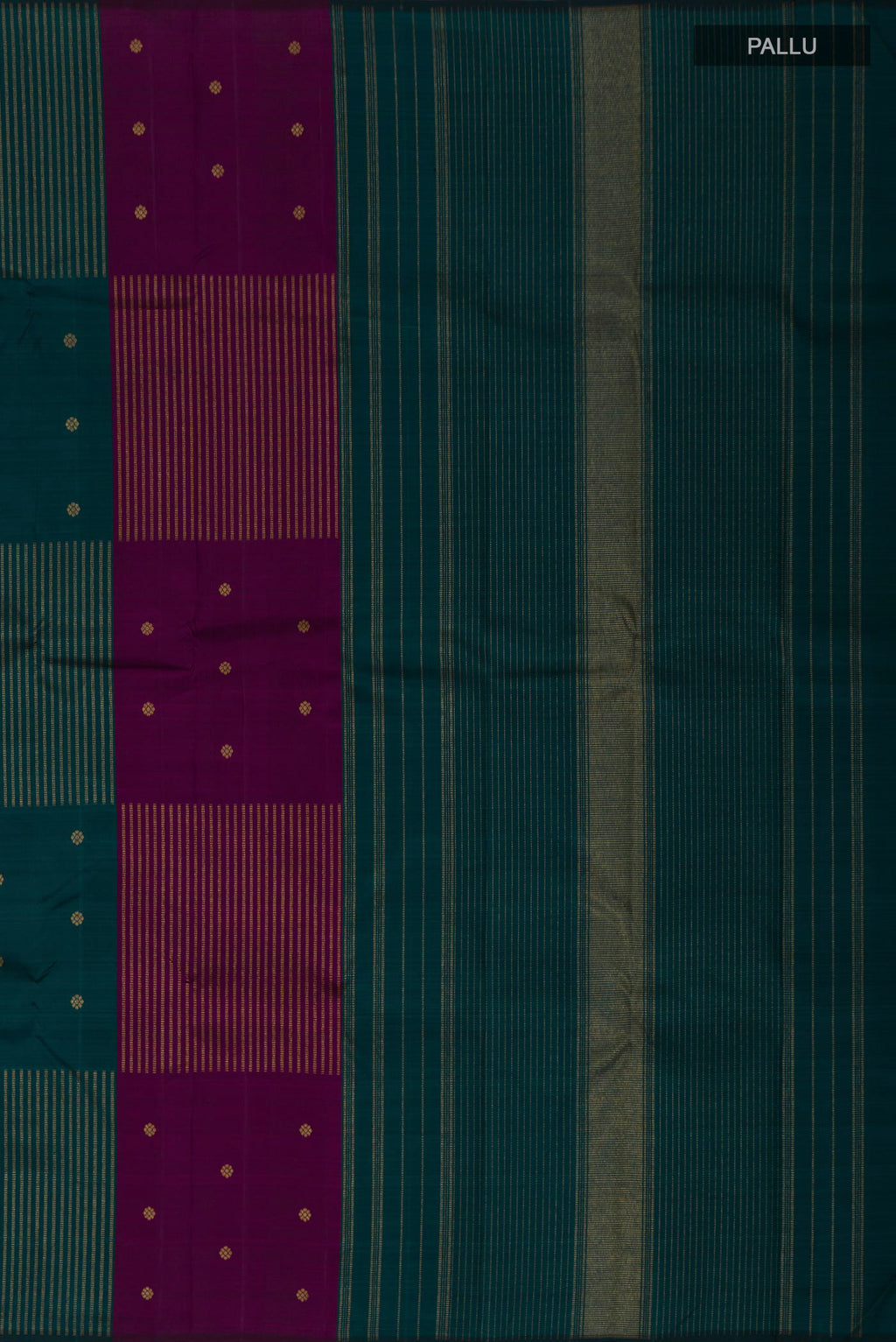 Close up image of the pallu of Pure Silk Pure Zari Multi Color Kanchipuram Saree with Fancy on the body and Without Border. 
