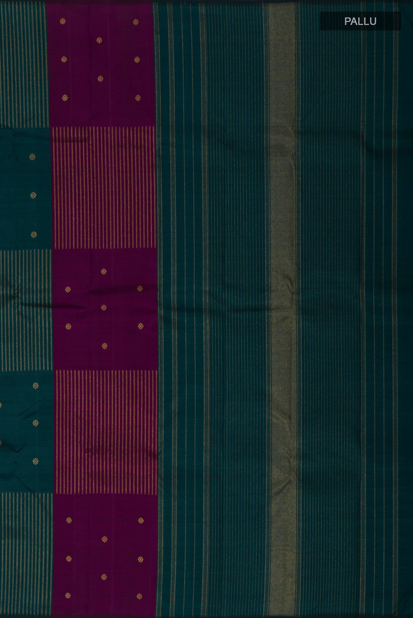 Close up image of the pallu of Pure Silk Pure Zari Multi Color Kanchipuram Saree with Fancy on the body and Without Border. 